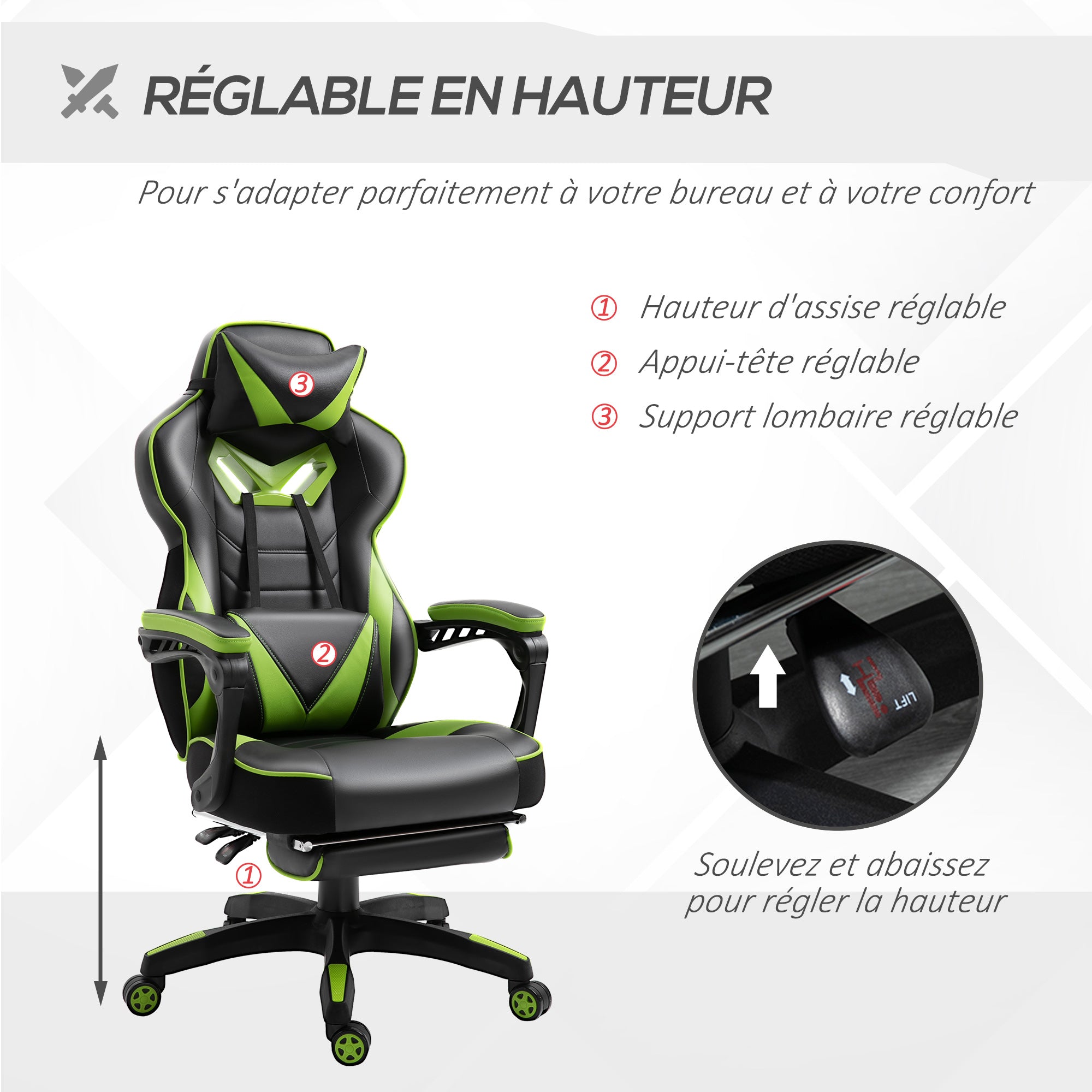 Chaise gaming Ergonomique, Fauteuil de Bureau confortable avec Repose-Pied, Appuie-Tête et coussin lombaire, Hauteur Réglable, noir et vert