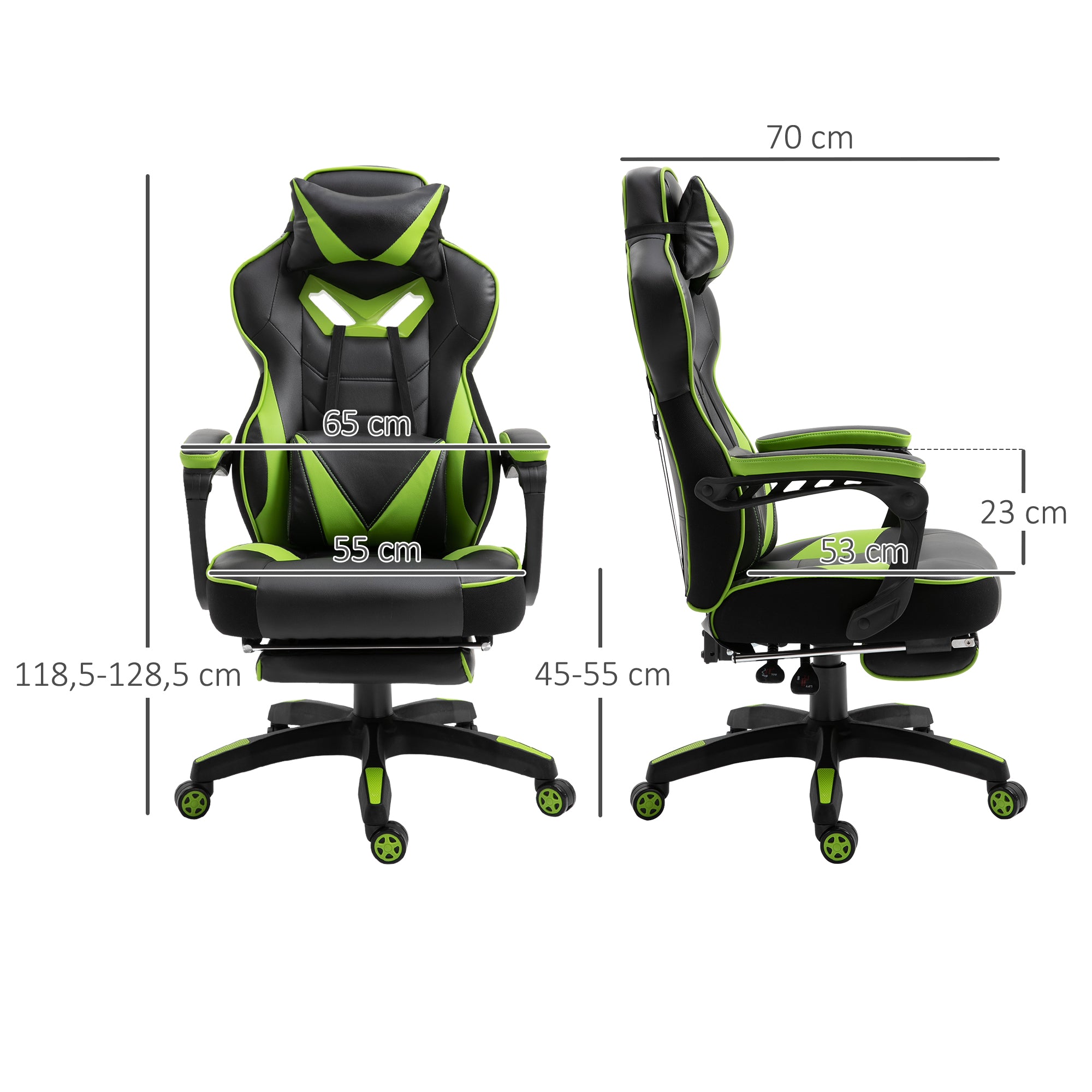 Chaise gaming Ergonomique, Fauteuil de Bureau confortable avec Repose-Pied, Appuie-Tête et coussin lombaire, Hauteur Réglable, noir et vert