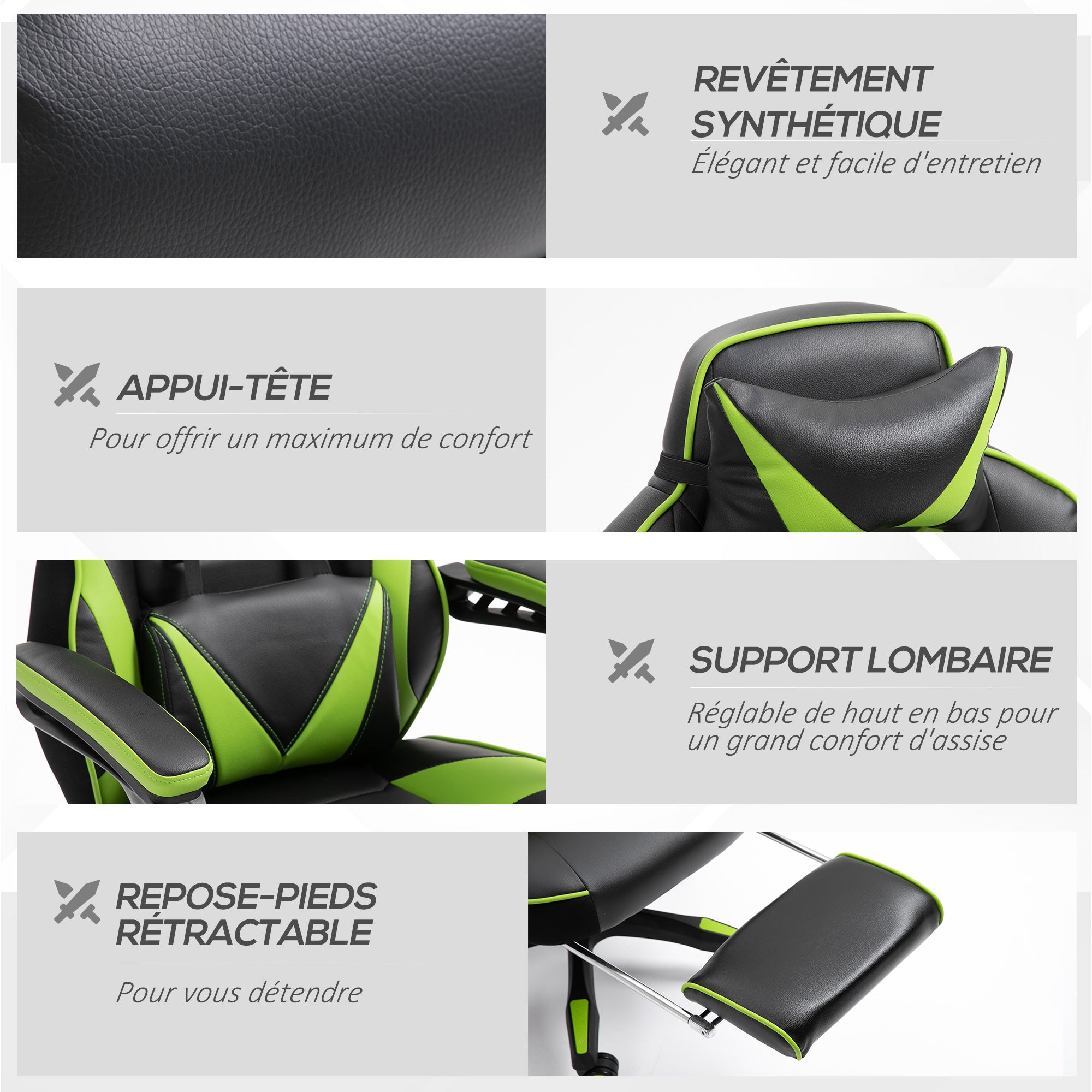 Chaise gaming Ergonomique, Fauteuil de Bureau confortable avec Repose-Pied, Appuie-Tête et coussin lombaire, Hauteur Réglable, noir et vert