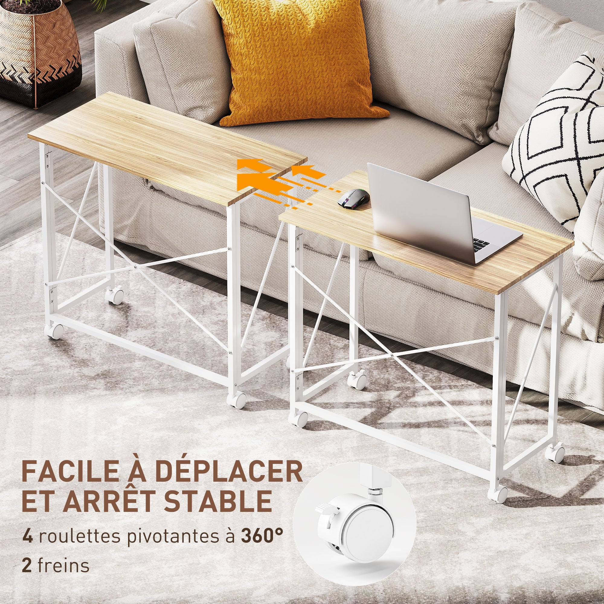 Bureau pliant table d'ordinateur 80 x 40 cm bureau sur roulettes style moderne pour domicile, chambre, petits espaces, chêne