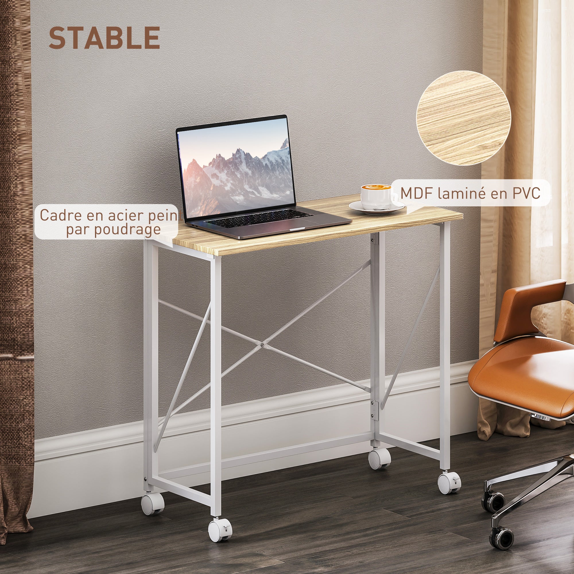 Bureau pliant table d'ordinateur 80 x 40 cm bureau sur roulettes style moderne pour domicile, chambre, petits espaces, chêne
