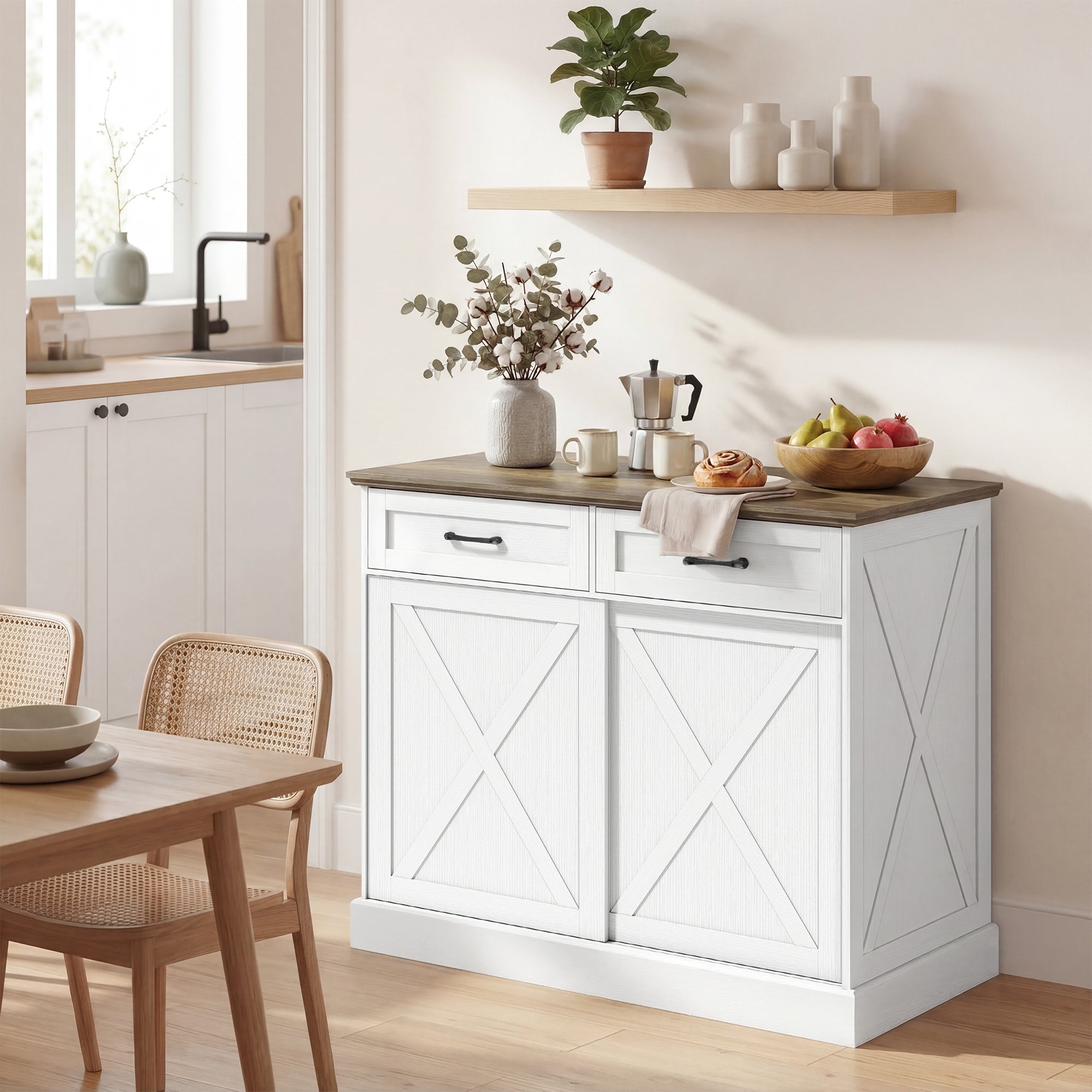 Îlot Central Cuisine, Buffet Cuisine, Meuble de Rangement avec 2 Tiroirs, 2 Portes Coulissantes et Étagère Réglable, Style Rustique, 106,4 x 57 x 92 cm, Blanc et Marron