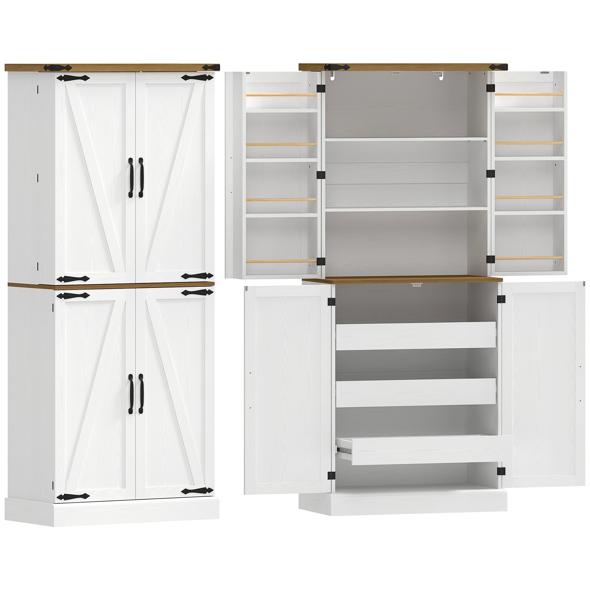 Buffet haut cuisine, armoire de cuisine, vaisselier, 4 portes, 3 tiroirs, 8 porte-racks et étagères réglables, style rustique, meuble de rangement pour salon, salle à manger, 76x40x182cm, blanc