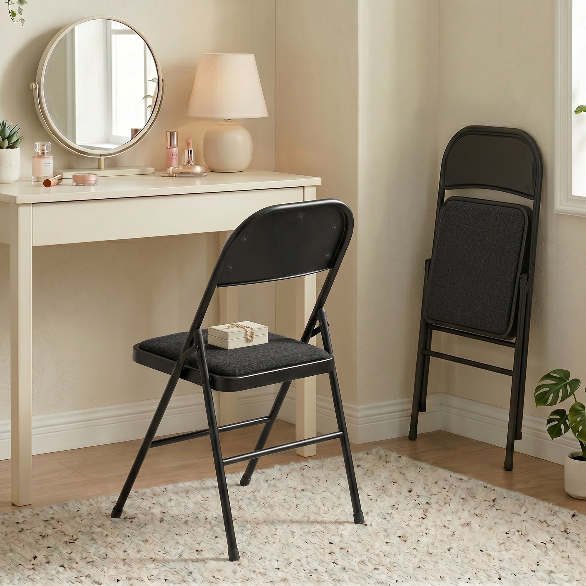 Lot de 2 chaises pliantes chaises de salle à manger portables chaise pliable d'intérieur avec coussin en lin et cadre en acier dim. 45l x 46P x 78H cm noir