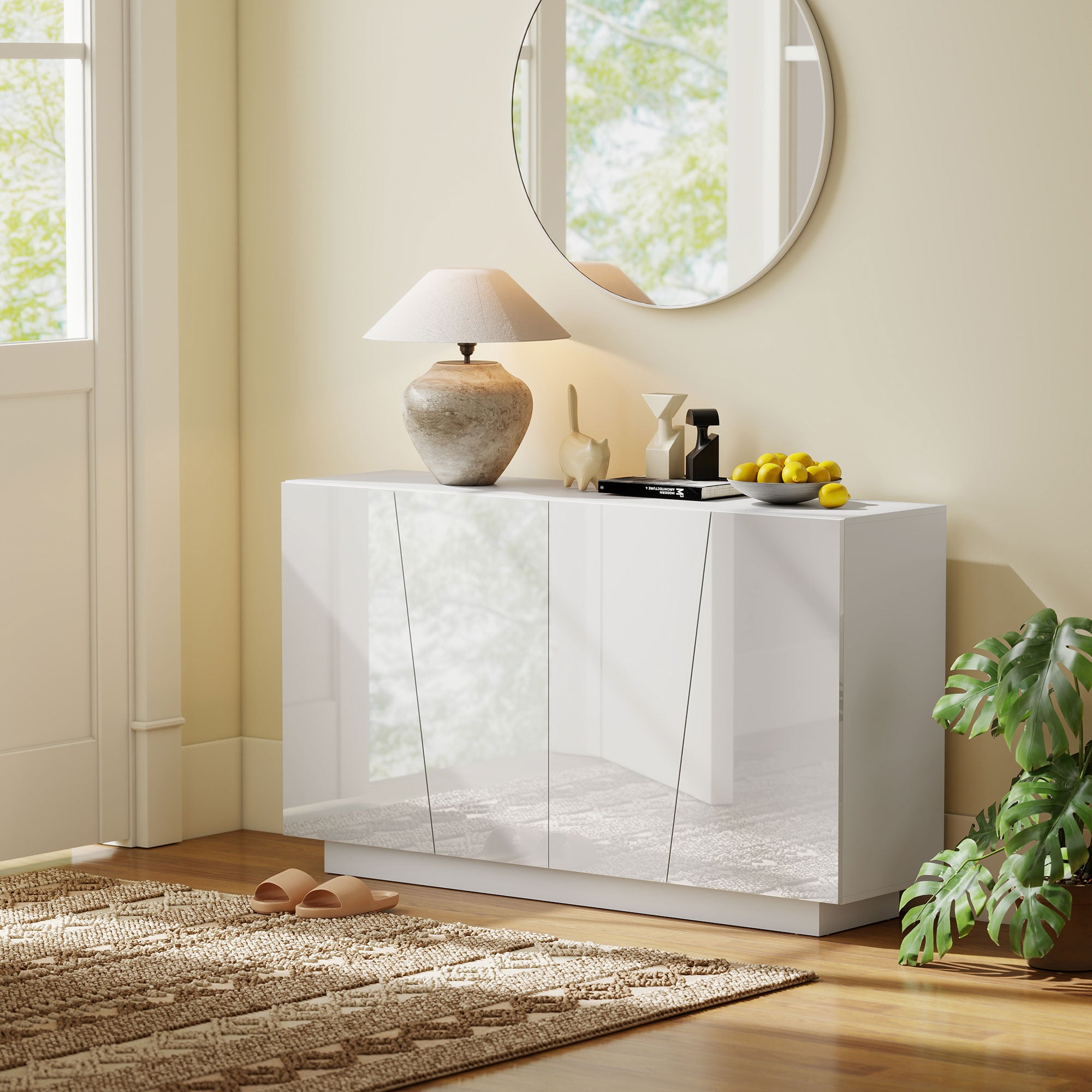 Buffet à haute brillance, meuble de rangement avec placard double porte géométrique et étagère réglable, style moderne, buffet salle à manger, cuisine et salon, 70 x 40 x 88 cm, blanc