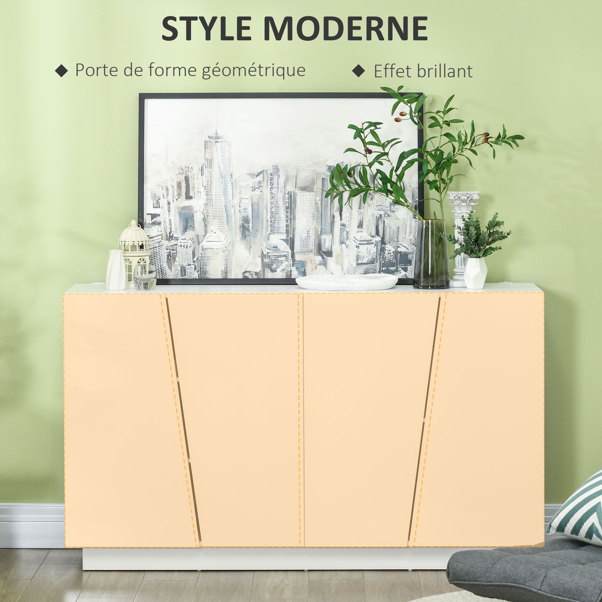 Buffet à haute brillance, meuble de rangement avec placard double porte géométrique et étagère réglable, style moderne, buffet salle à manger, cuisine et salon, 70 x 40 x 88 cm, blanc