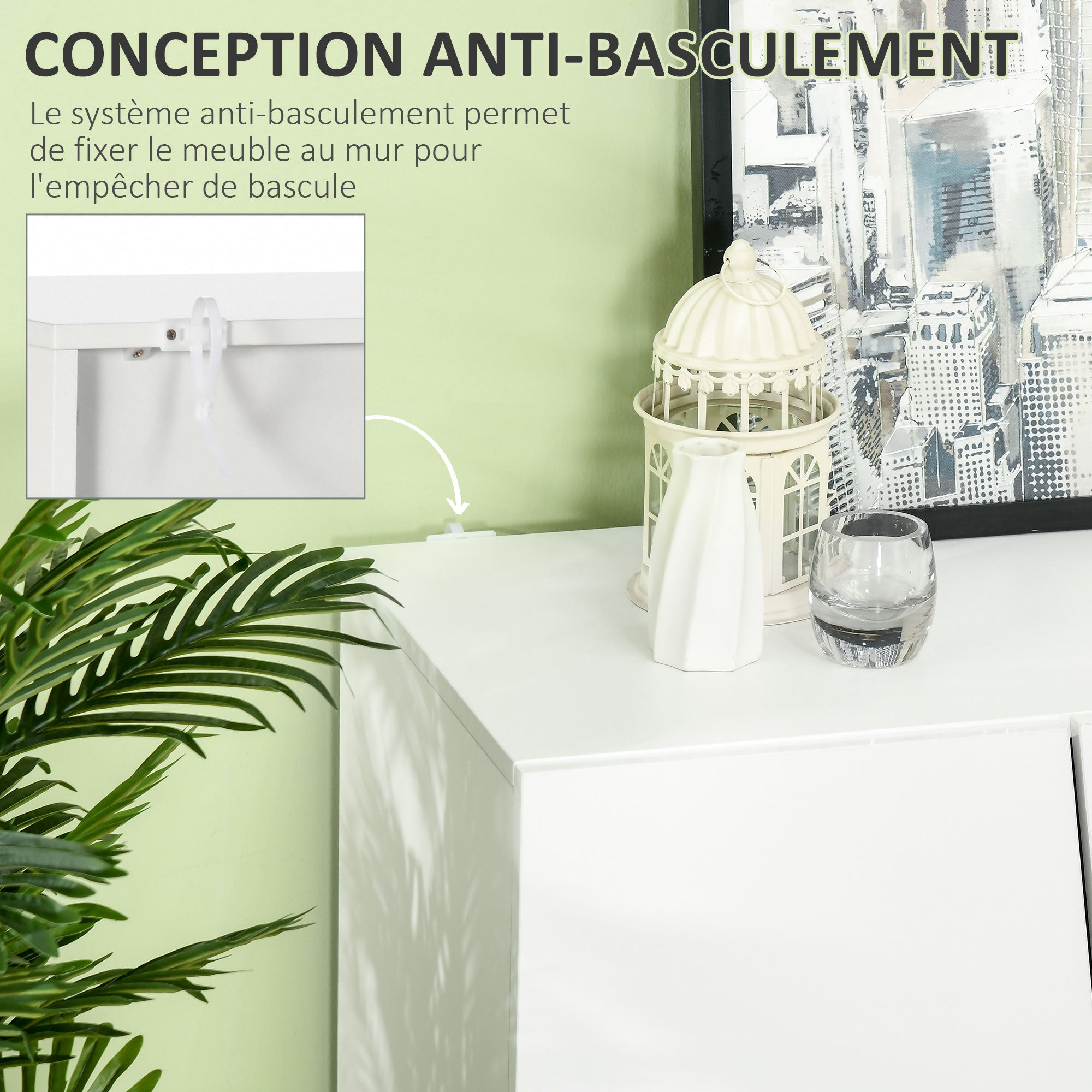 Buffet à haute brillance, meuble de rangement avec placard double porte géométrique et étagère réglable, style moderne, buffet salle à manger, cuisine et salon, 70 x 40 x 88 cm, blanc