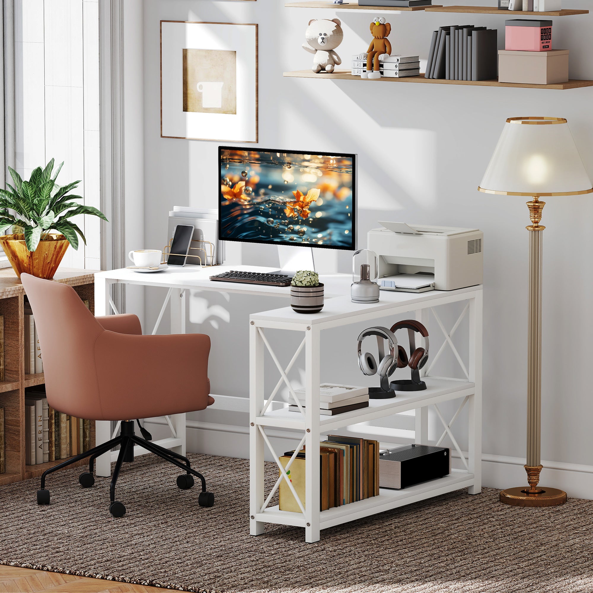 Bureau d'angle modulable réversible, bureau avec rangement style moderne avec étagère de rangement, cadre en métal, table d'ordinateur pour petits espaces, salon, 135 x 110 x 75 cm, blanc