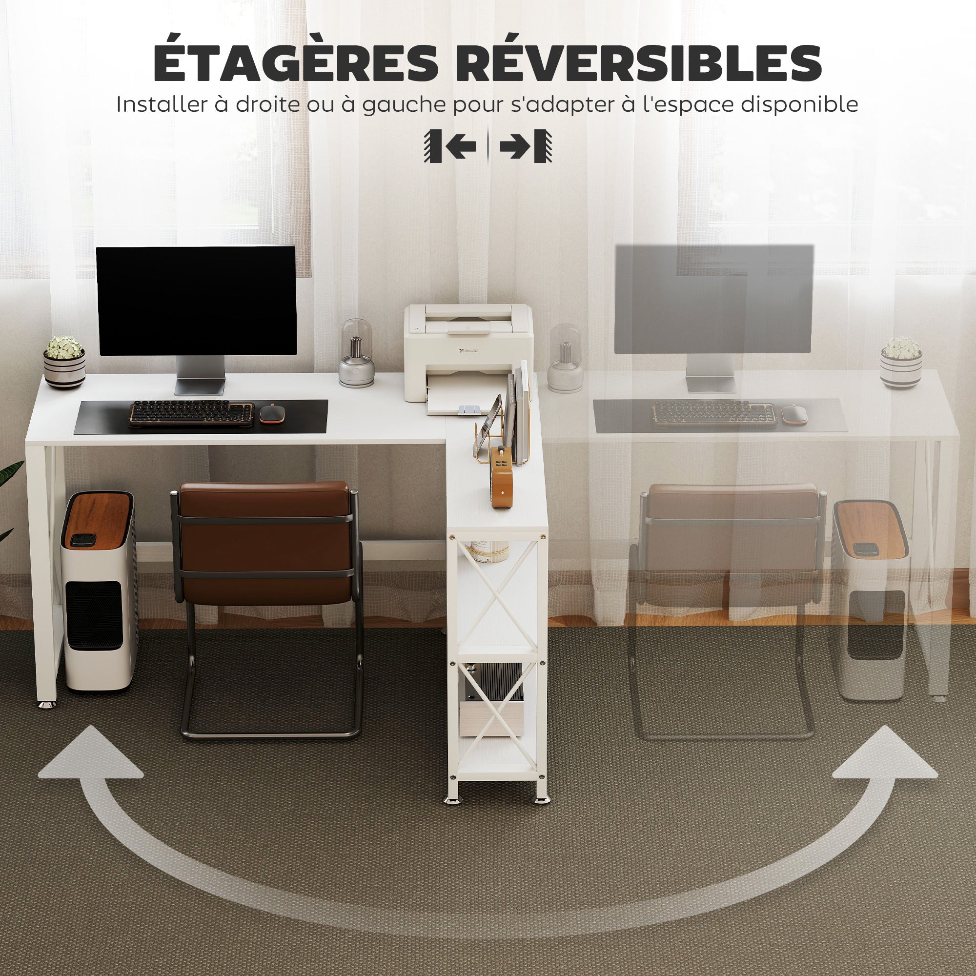 Bureau d'angle modulable réversible, bureau avec rangement style moderne avec étagère de rangement, cadre en métal, table d'ordinateur pour petits espaces, salon, 135 x 110 x 75 cm, blanc