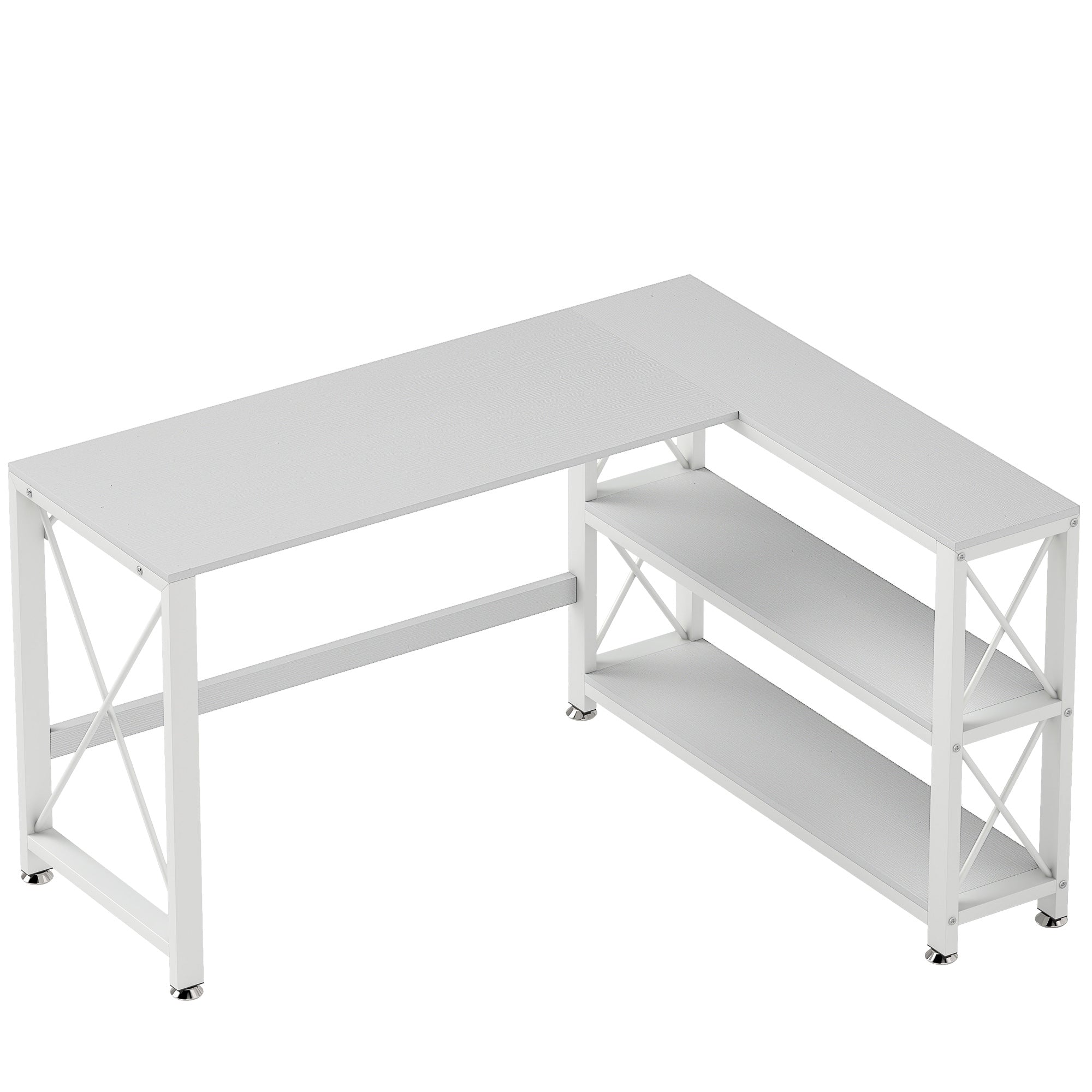 Bureau d'angle modulable réversible, bureau avec rangement style moderne avec étagère de rangement, cadre en métal, table d'ordinateur pour petits espaces, salon, 135 x 110 x 75 cm, blanc