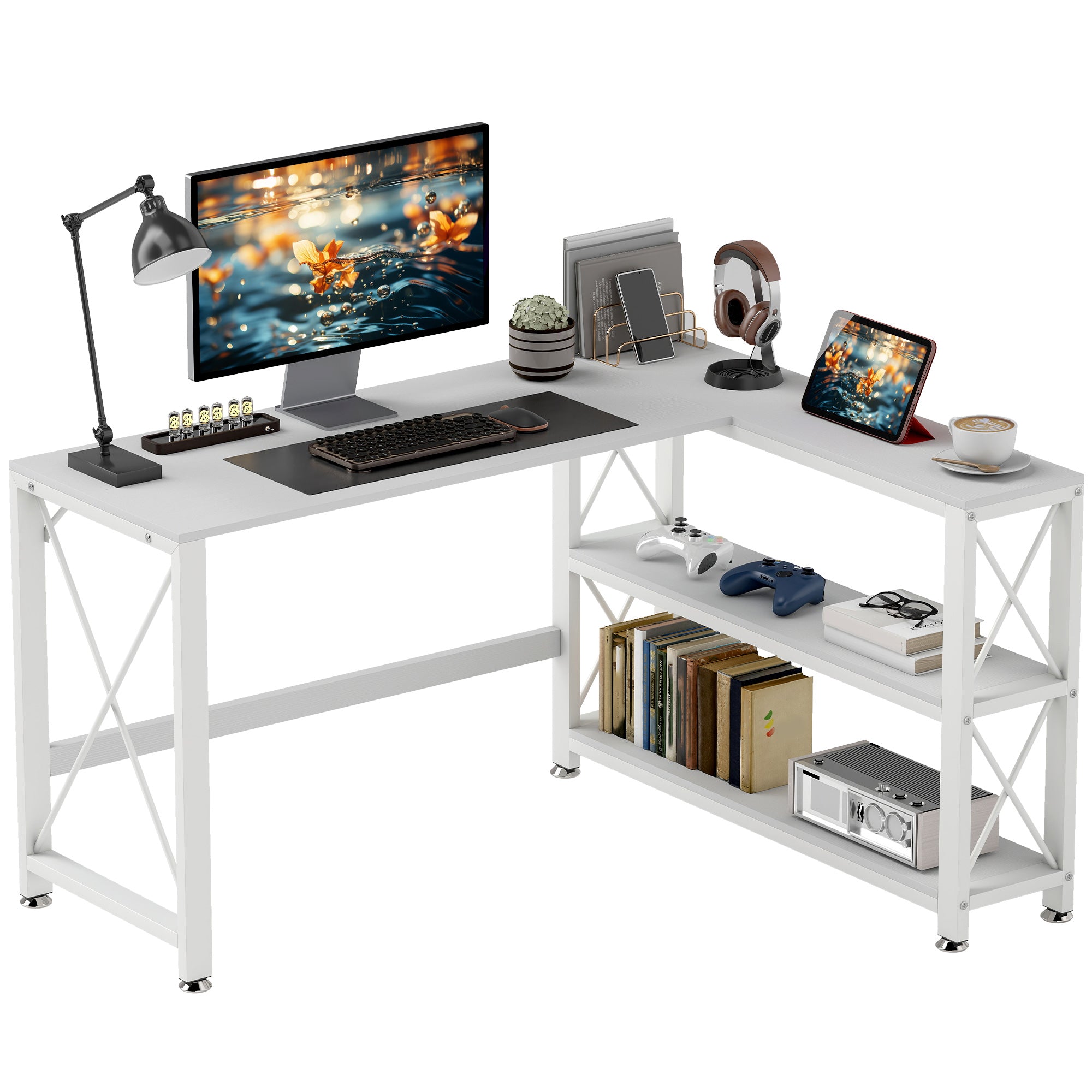Bureau d'angle modulable réversible, bureau avec rangement style moderne avec étagère de rangement, cadre en métal, table d'ordinateur pour petits espaces, salon, 135 x 110 x 75 cm, blanc