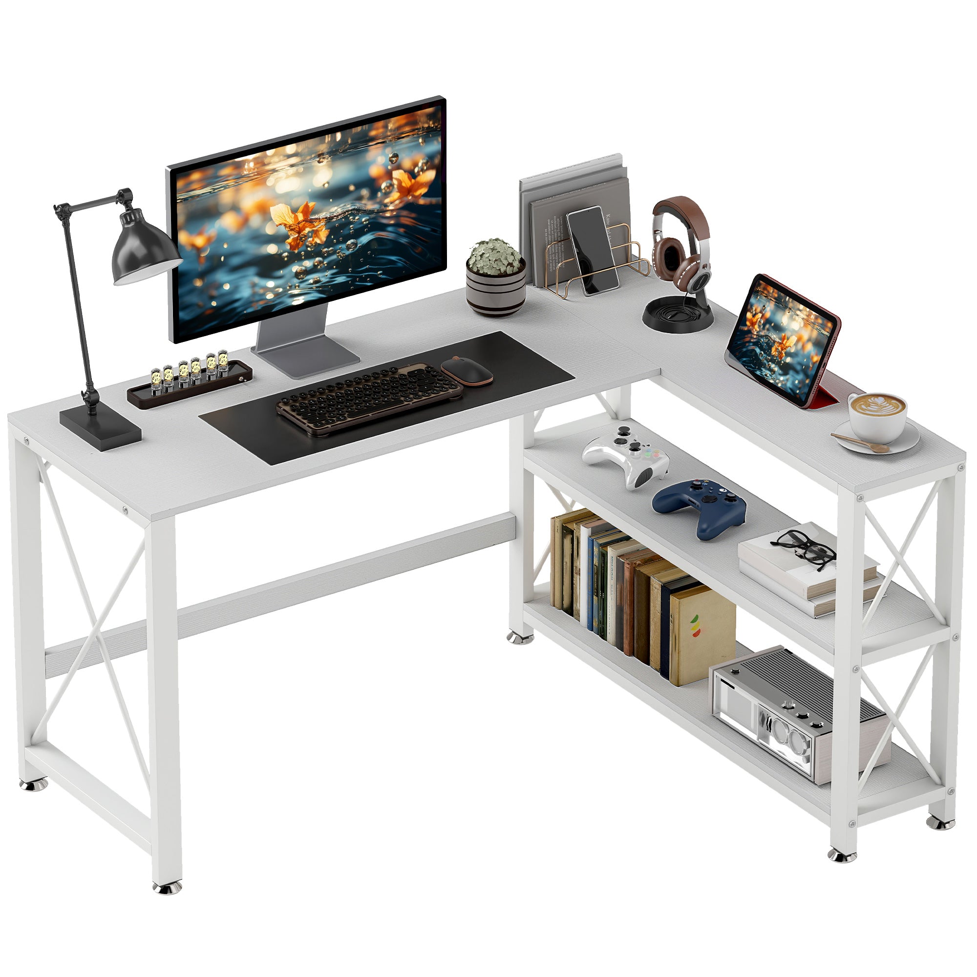 Bureau d'angle modulable réversible, bureau avec rangement style moderne avec étagère de rangement, cadre en métal, table d'ordinateur pour petits espaces, salon, 135 x 110 x 75 cm, blanc