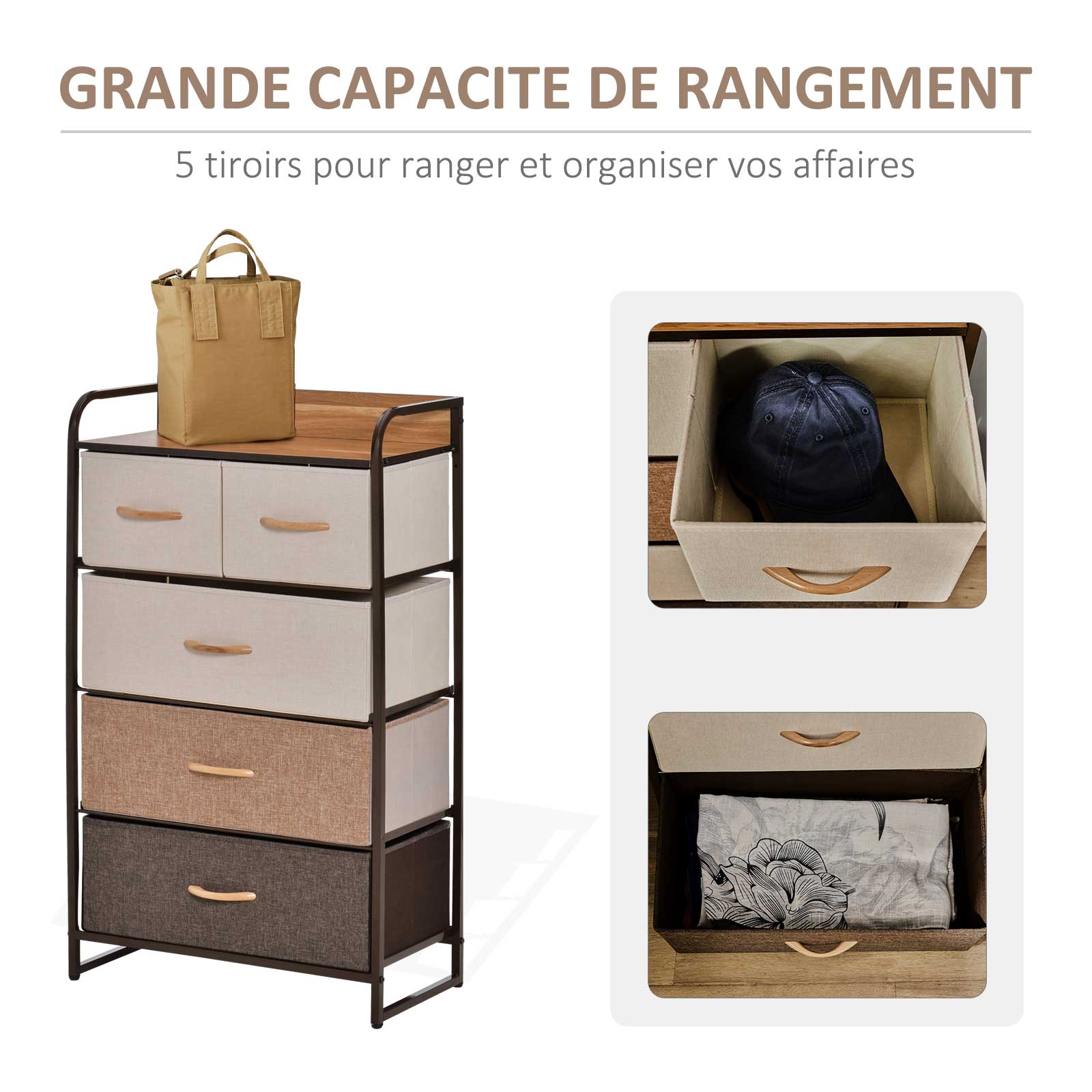 Commode Meuble de Rangement 5 tiroirs Pliables en Tissu 58 x 29 x 99 cm Multicolore