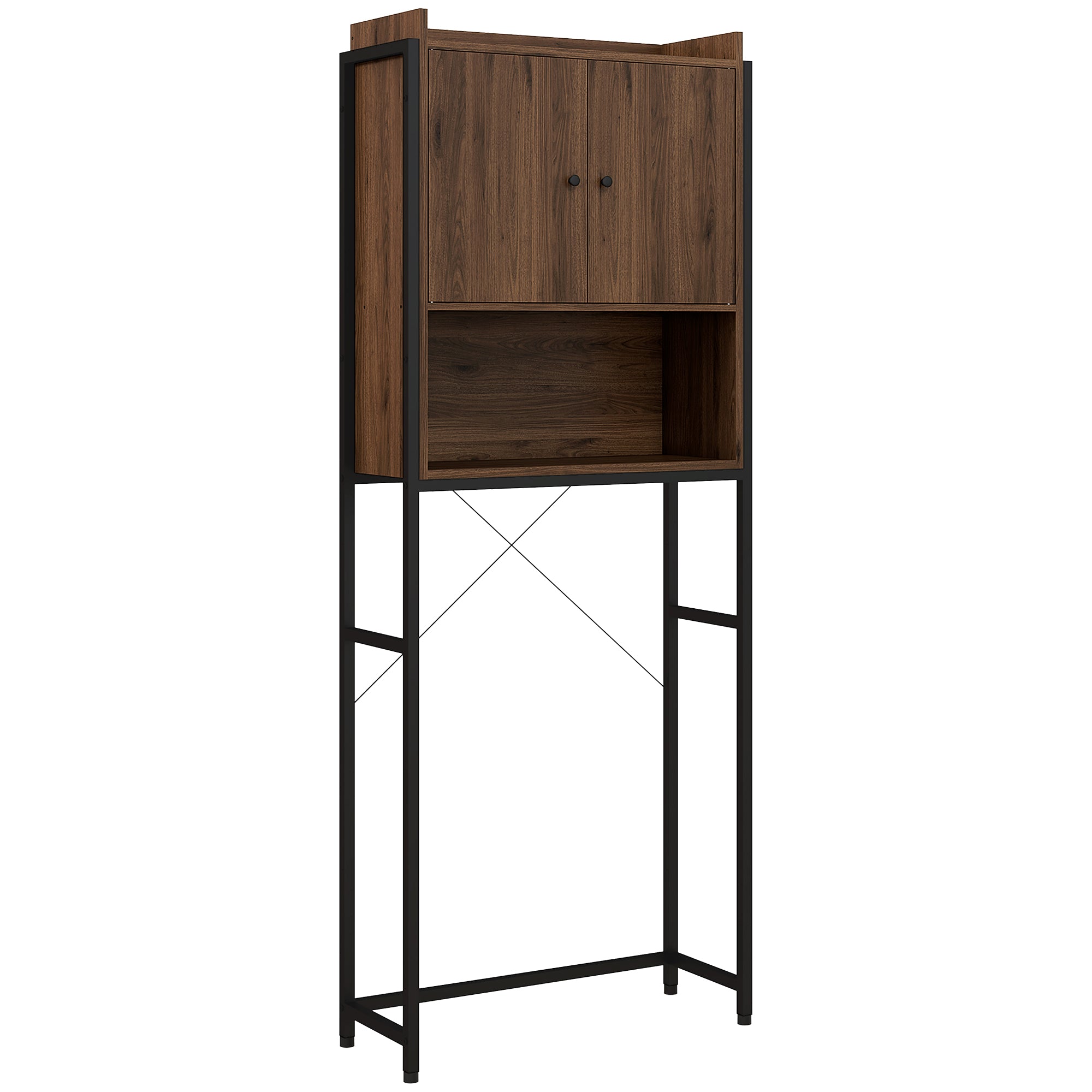 Meuble étagère dessus WC étagère de salle de bain placard 2 portes et niche - 68 x 25,5 x 172,5 cm marron noir