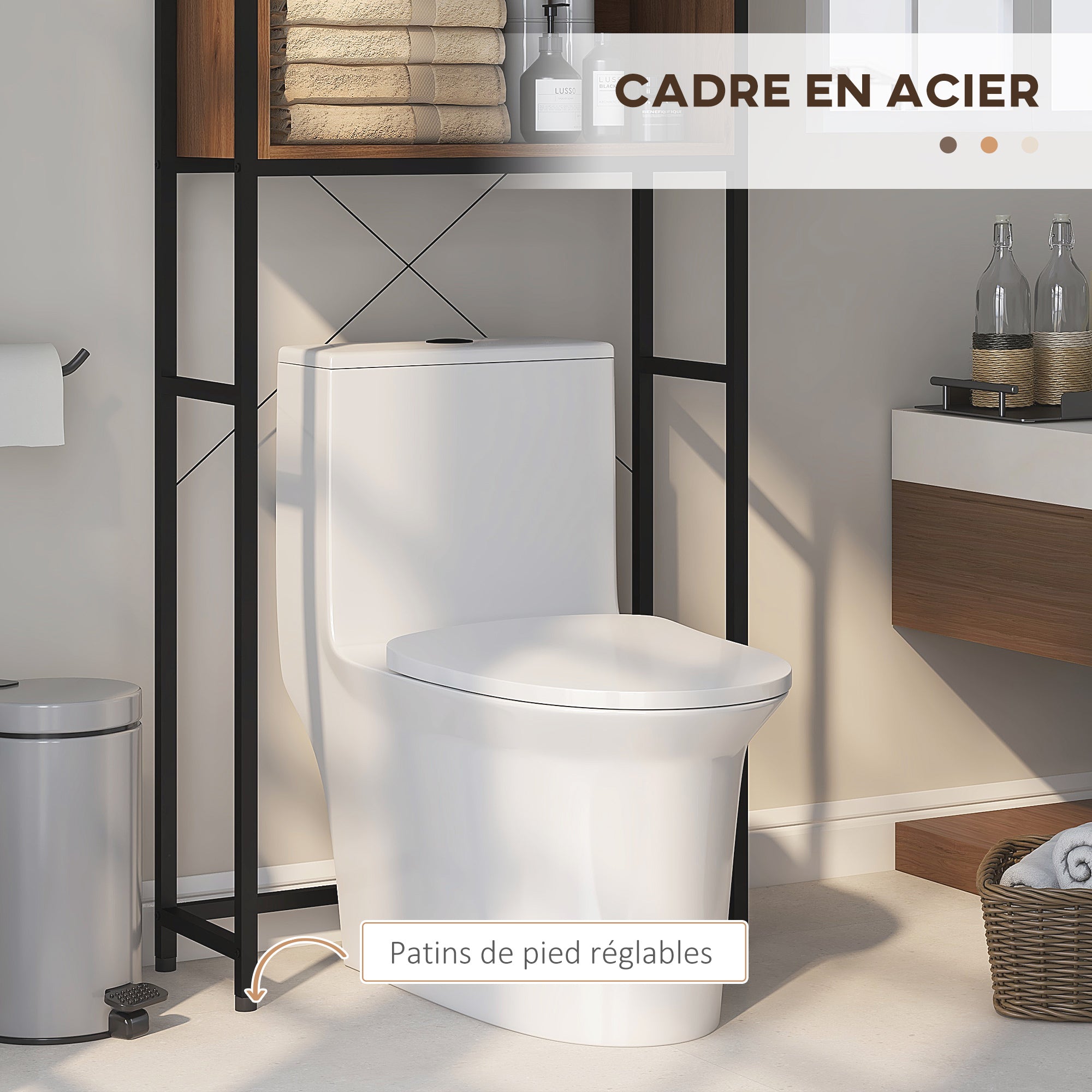 Meuble étagère dessus WC étagère de salle de bain placard 2 portes et niche - 68 x 25,5 x 172,5 cm marron noir