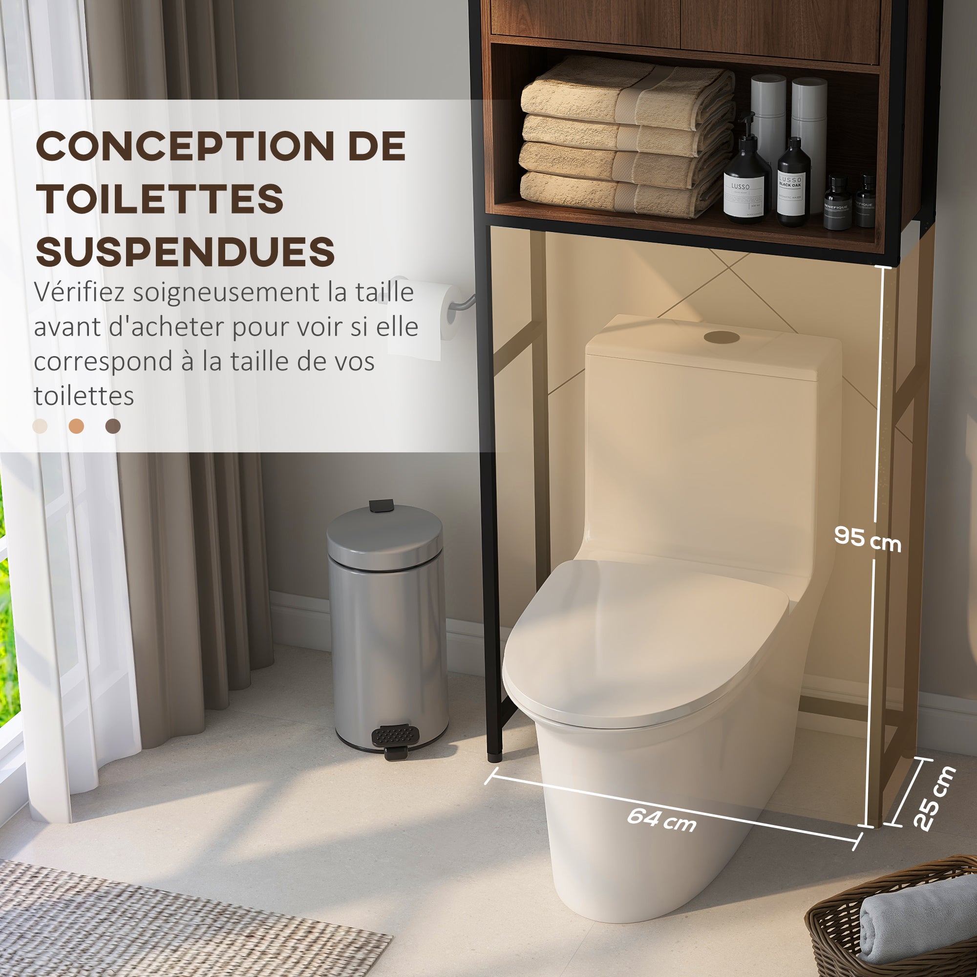 Meuble étagère dessus WC étagère de salle de bain placard 2 portes et niche - 68 x 25,5 x 172,5 cm marron noir
