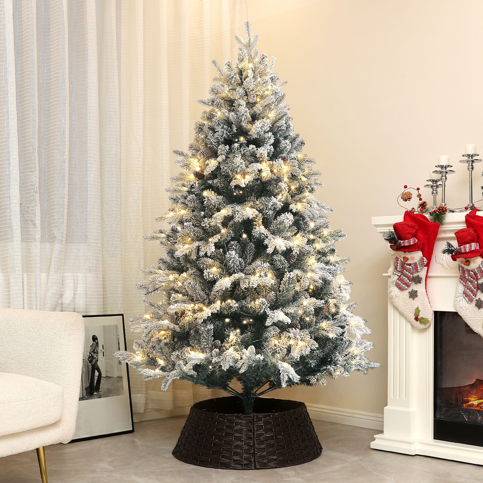 Sapin de Noël artificiel 180 cm arbre de Noël lumineux floqué enneigé avec support en acier pliable, 200 LEDs blanc chaud, 793 branches, décoration de Noël effet réaliste - vert