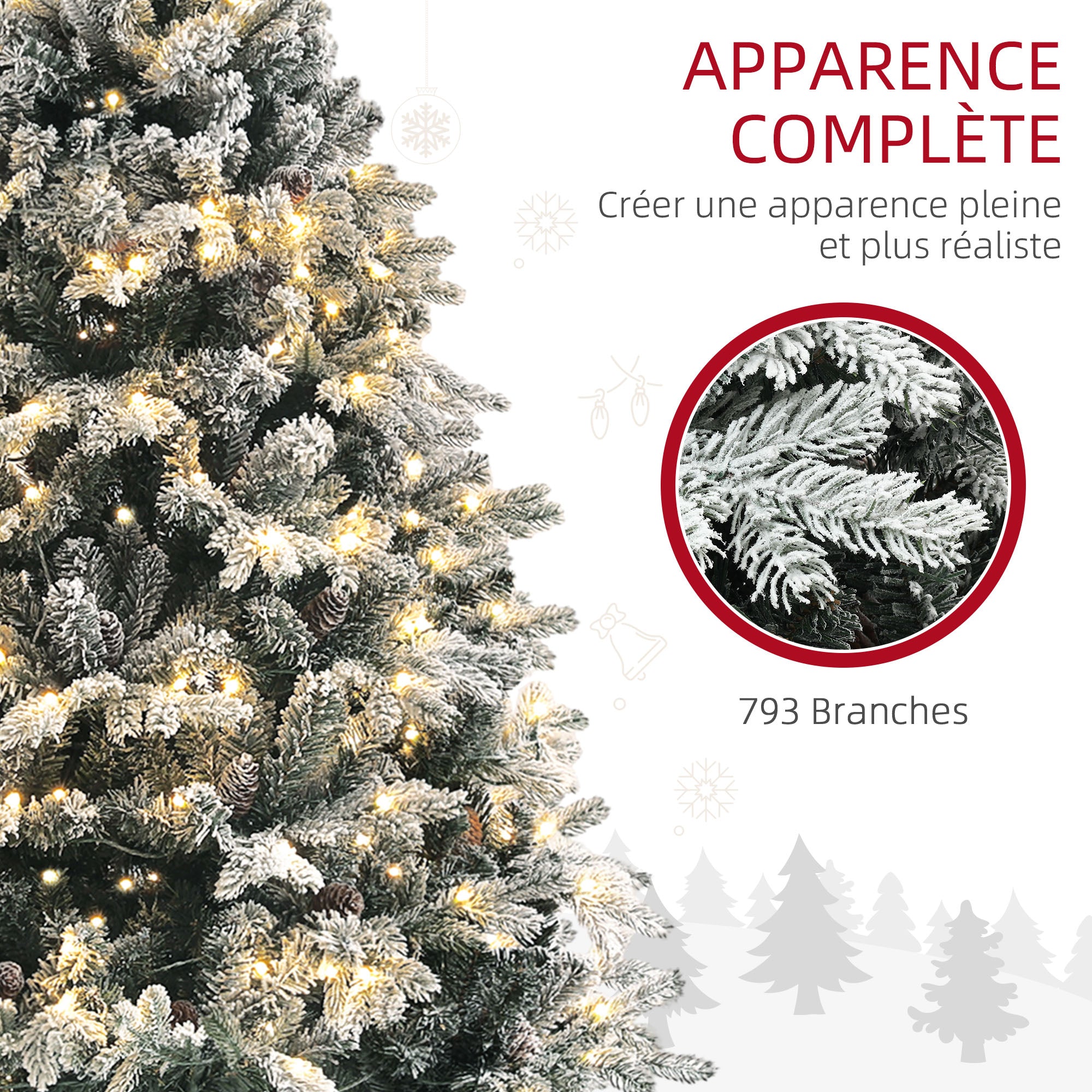 Sapin de Noël artificiel 180 cm arbre de Noël lumineux floqué enneigé avec support en acier pliable, 200 LEDs blanc chaud, 793 branches, décoration de Noël effet réaliste - vert