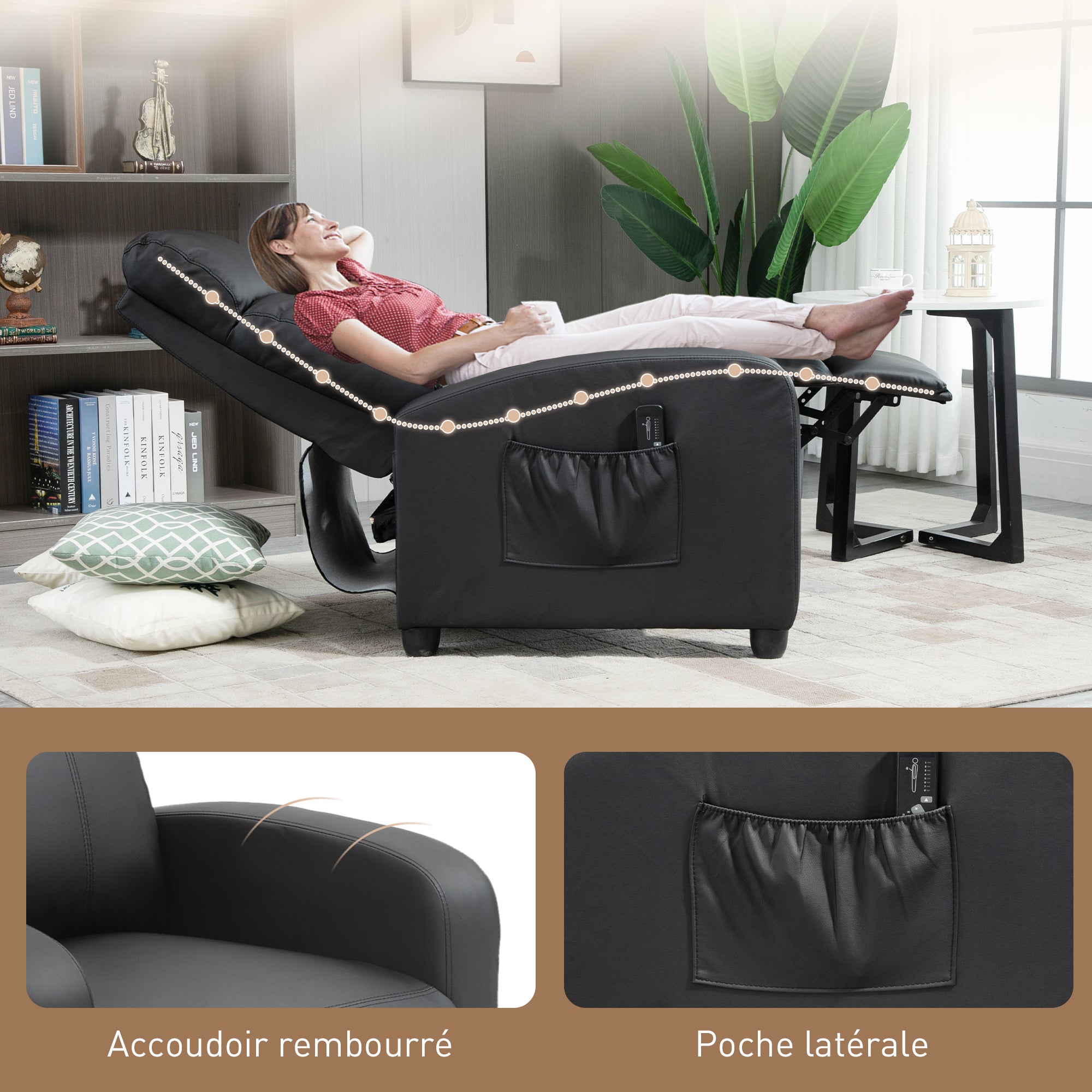 Fauteuil de Relaxation et Massage électrique avec Inclinaison Manuelle Dossier Repose-Pied réglable revêtement synthétique Noir