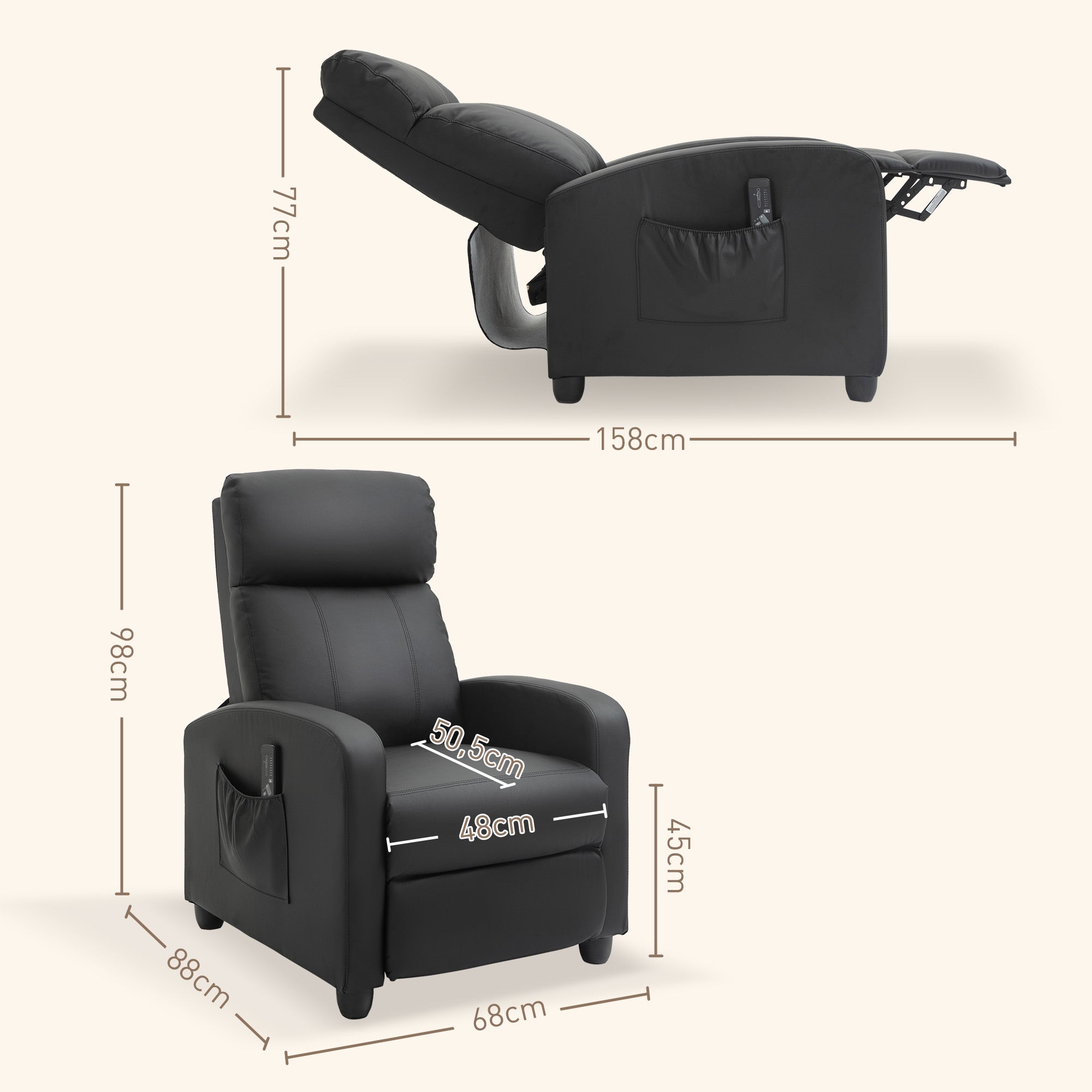 Fauteuil de Relaxation et Massage électrique avec Inclinaison Manuelle Dossier Repose-Pied réglable revêtement synthétique Noir
