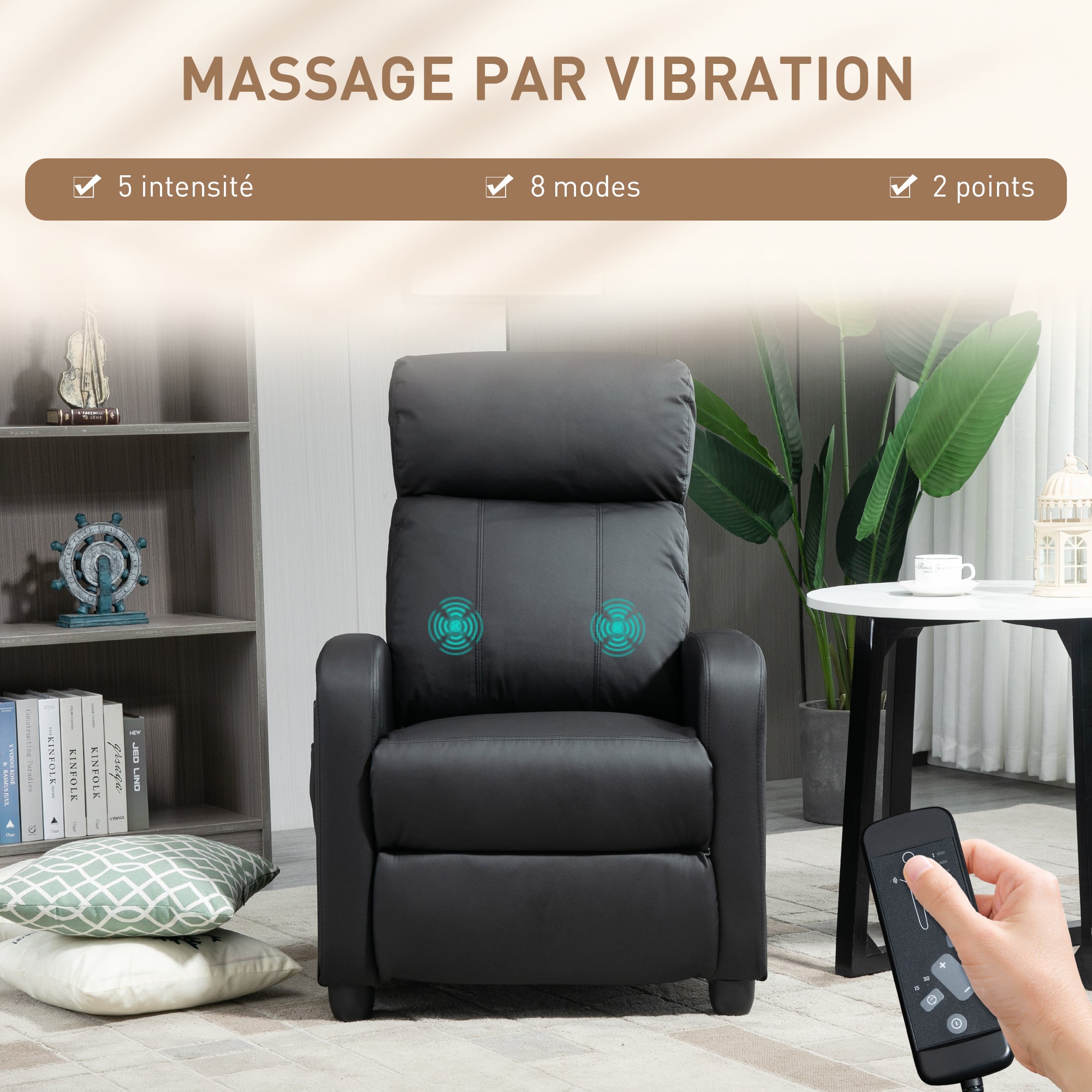 Fauteuil de Relaxation et Massage électrique avec Inclinaison Manuelle Dossier Repose-Pied réglable revêtement synthétique Noir