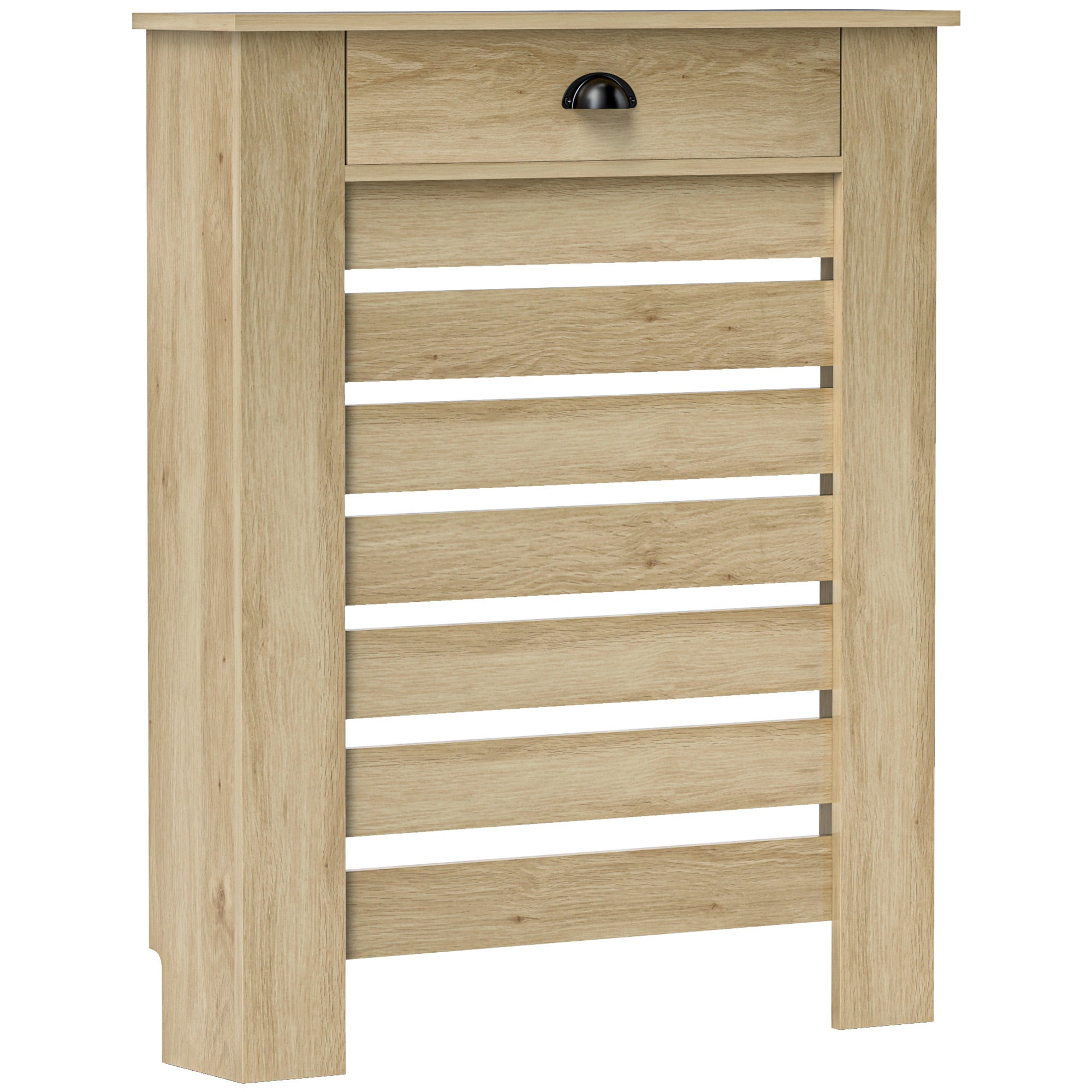 Couvercle de radiateur, cache radiateur, grille à lattes horizontales, avec tiroir, pour salon, chambre à coucher, couloir, en bois, 78 x 19 x 95,5 cm, chêne