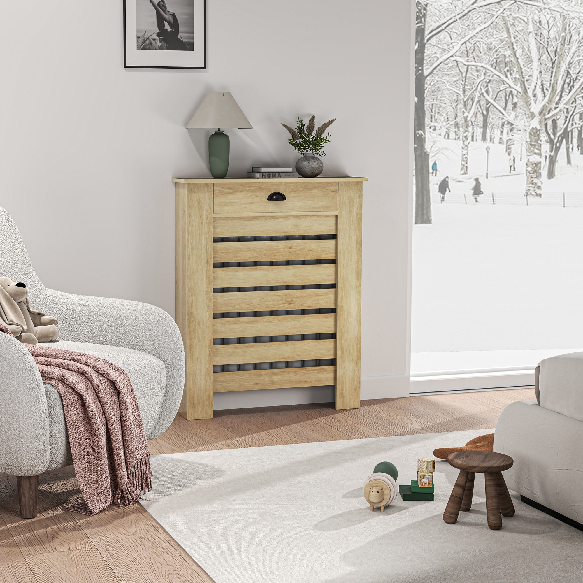 Couvercle de radiateur, cache radiateur, grille à lattes horizontales, avec tiroir, pour salon, chambre à coucher, couloir, en bois, 78 x 19 x 95,5 cm, chêne
