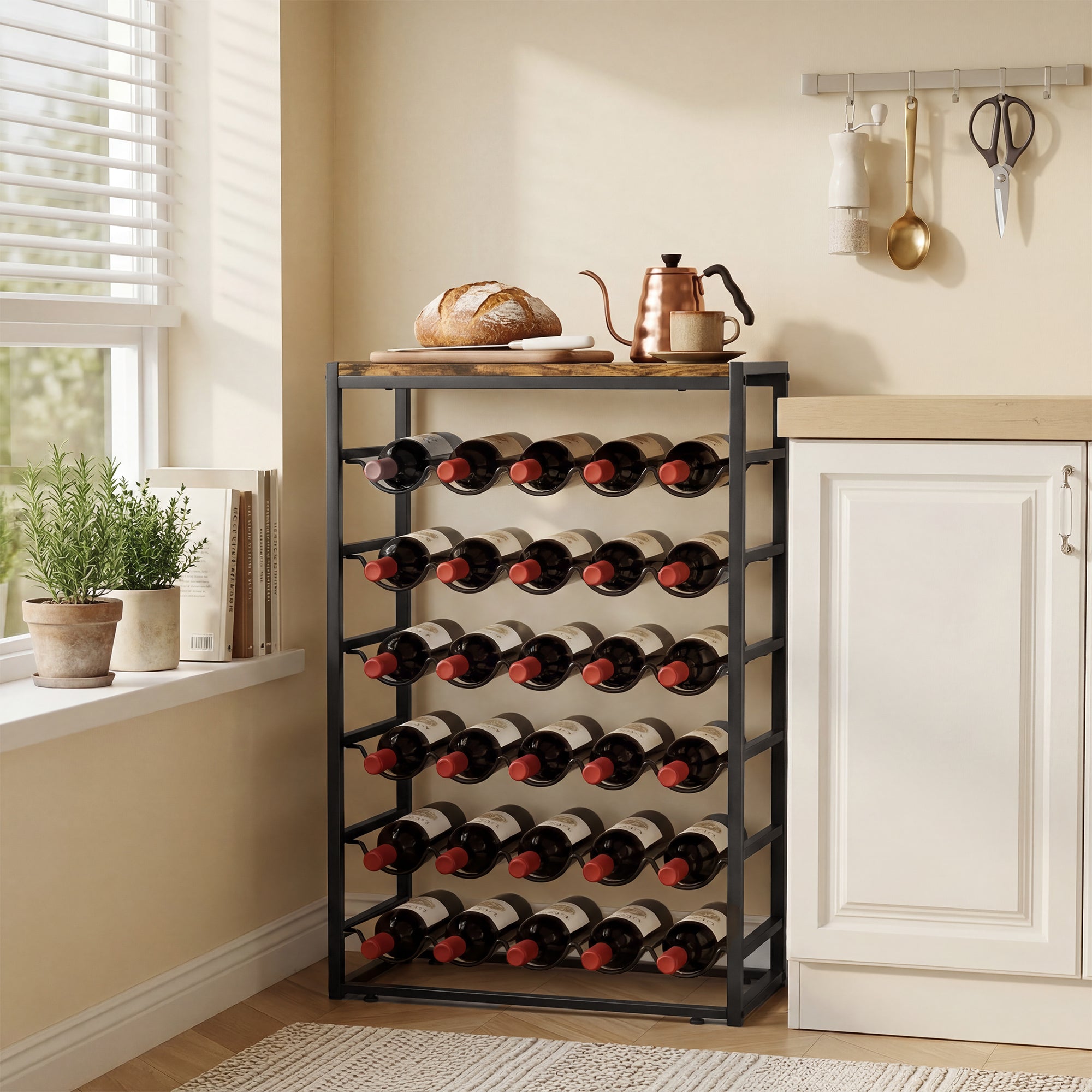 Casier à bouteilles pour 30 bouteilles, étagère à vin avec 6 niveaux avec plateau effet bois, style industriel, casier à vin en métal, pour cave, bars, sous-sols, 59x30x88,5cm, brun rustique