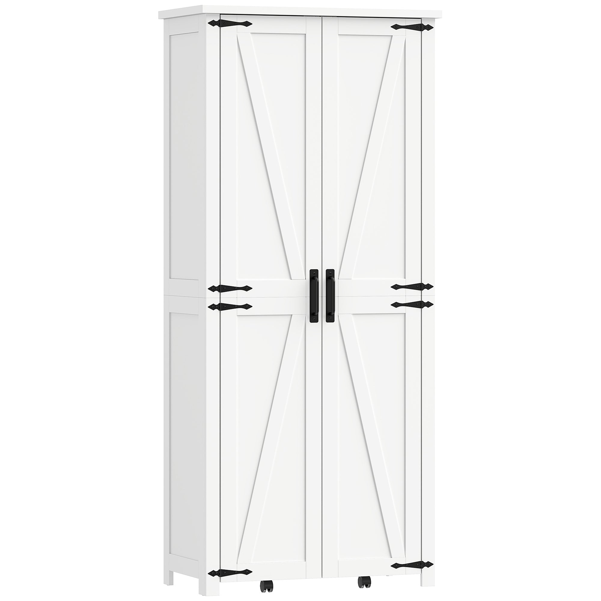 Buffet haut cuisine, armoire cuisine, vaisselier, 2 portes avec roulettes, 6 compartiments, 14 porte-racks et étagères réglables, style rustique, pour salle à manger, salon, 80x40x180cm, blanc