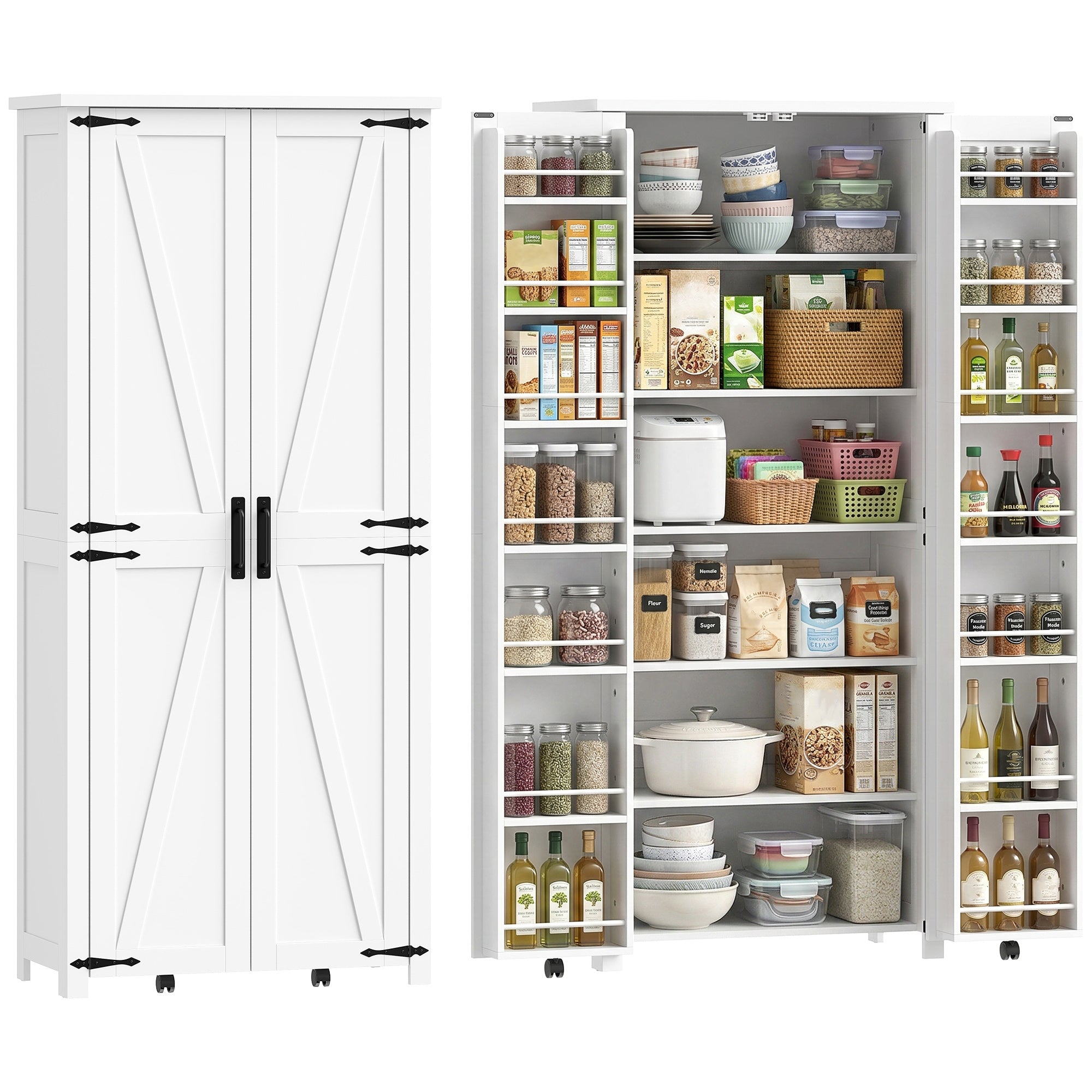 Buffet haut cuisine, armoire cuisine, vaisselier, 2 portes avec roulettes, 6 compartiments, 14 porte-racks et étagères réglables, style rustique, pour salle à manger, salon, 80x40x180cm, blanc