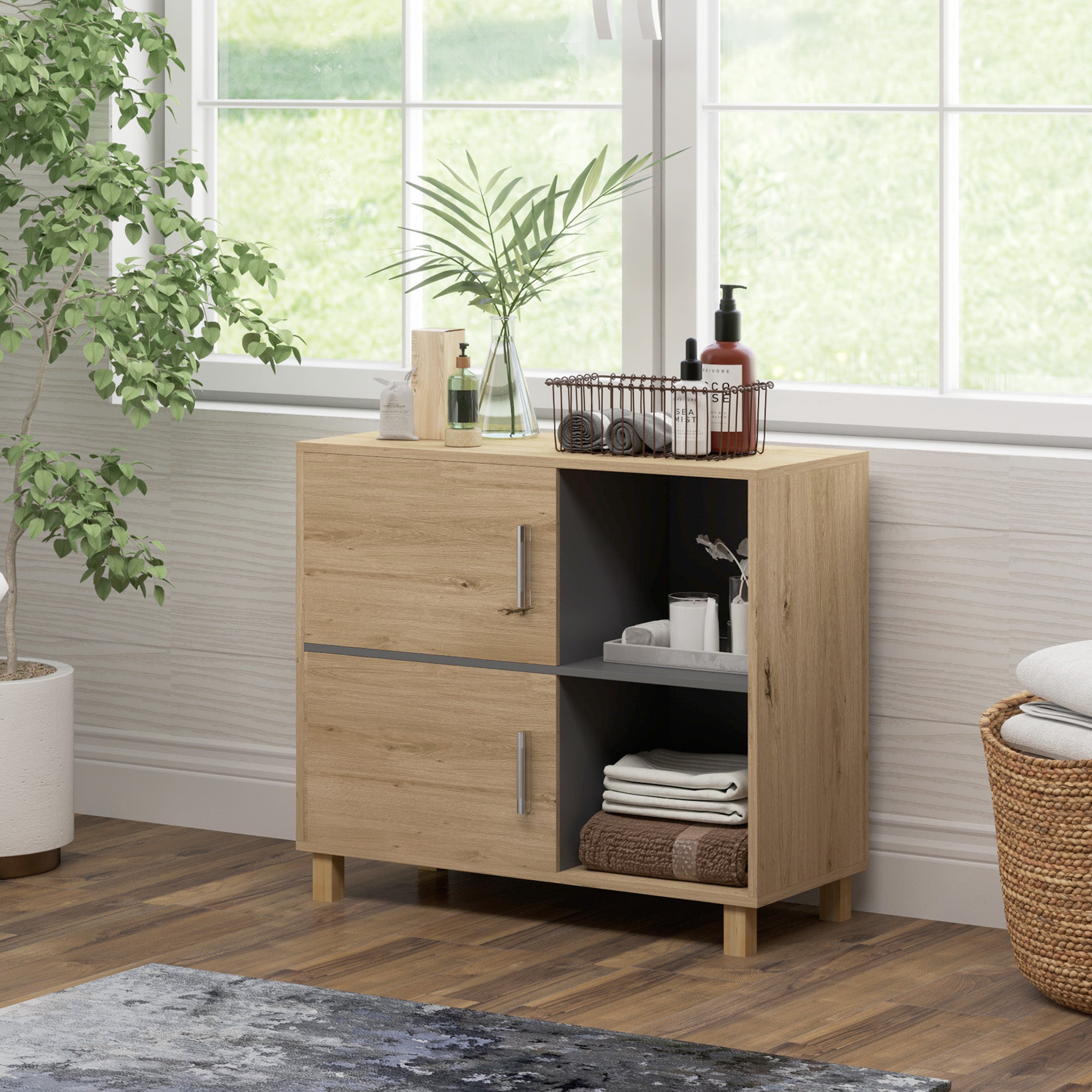 Meuble de salle de bain, meuble de rangement avec compartiments ouverts et placard, armoire salle de bain dim. 80l x 35P x 70H cm, bois naturel