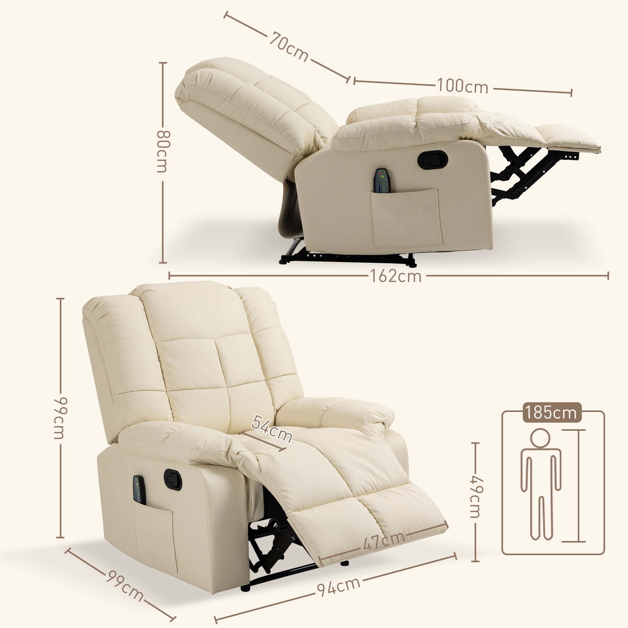 Fauteuil de massage fauteuil de relaxation massant avec dossier inclinable manuellement et repose-pied fauteuil TV revêtement synthétique télécommande incluse crème