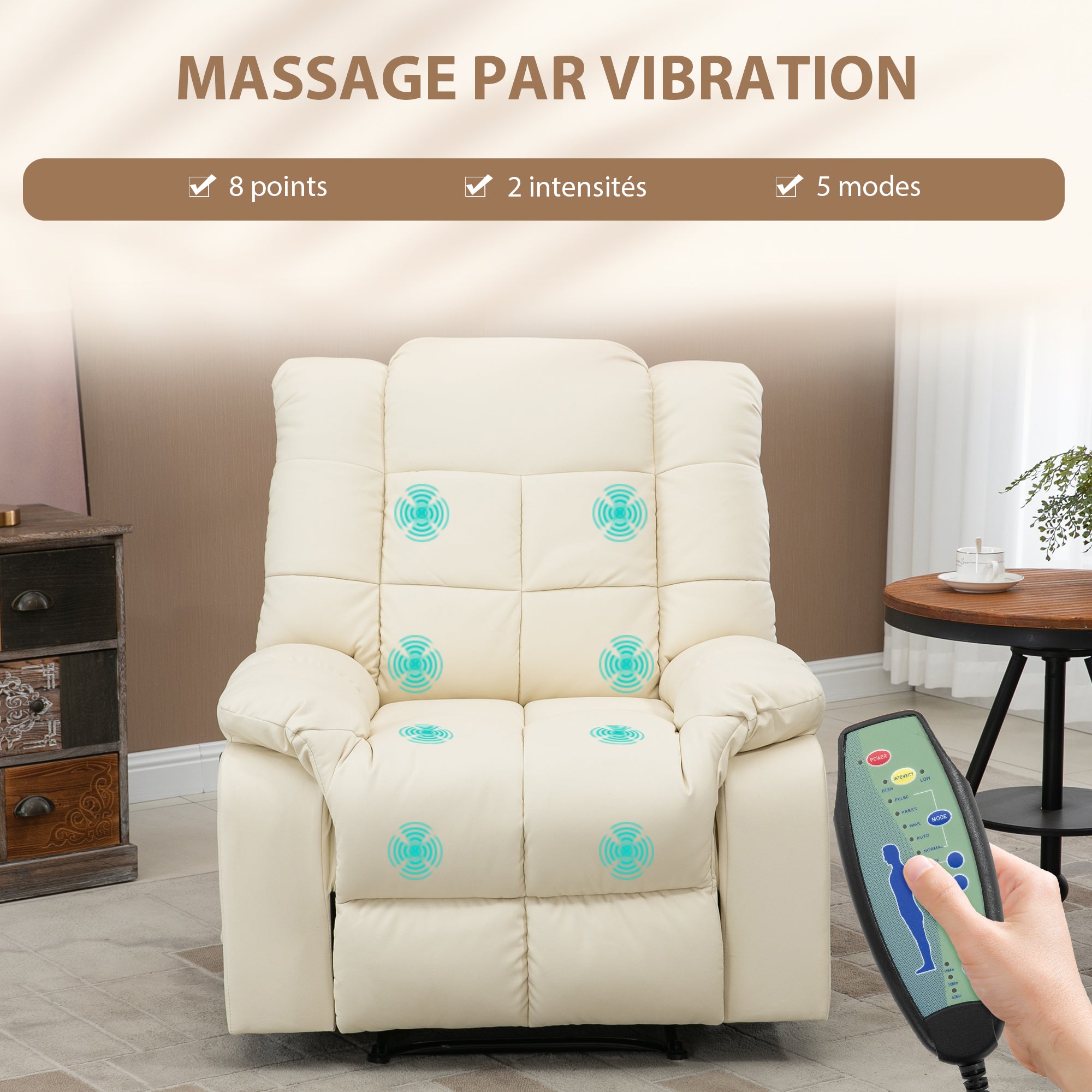 Fauteuil de massage fauteuil de relaxation massant avec dossier inclinable manuellement et repose-pied fauteuil TV revêtement synthétique télécommande incluse crème