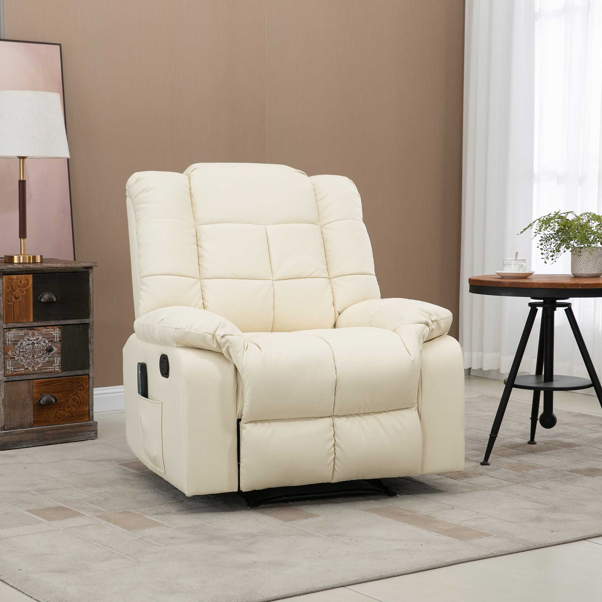 Fauteuil de massage fauteuil de relaxation massant avec dossier inclinable manuellement et repose-pied fauteuil TV revêtement synthétique télécommande incluse crème