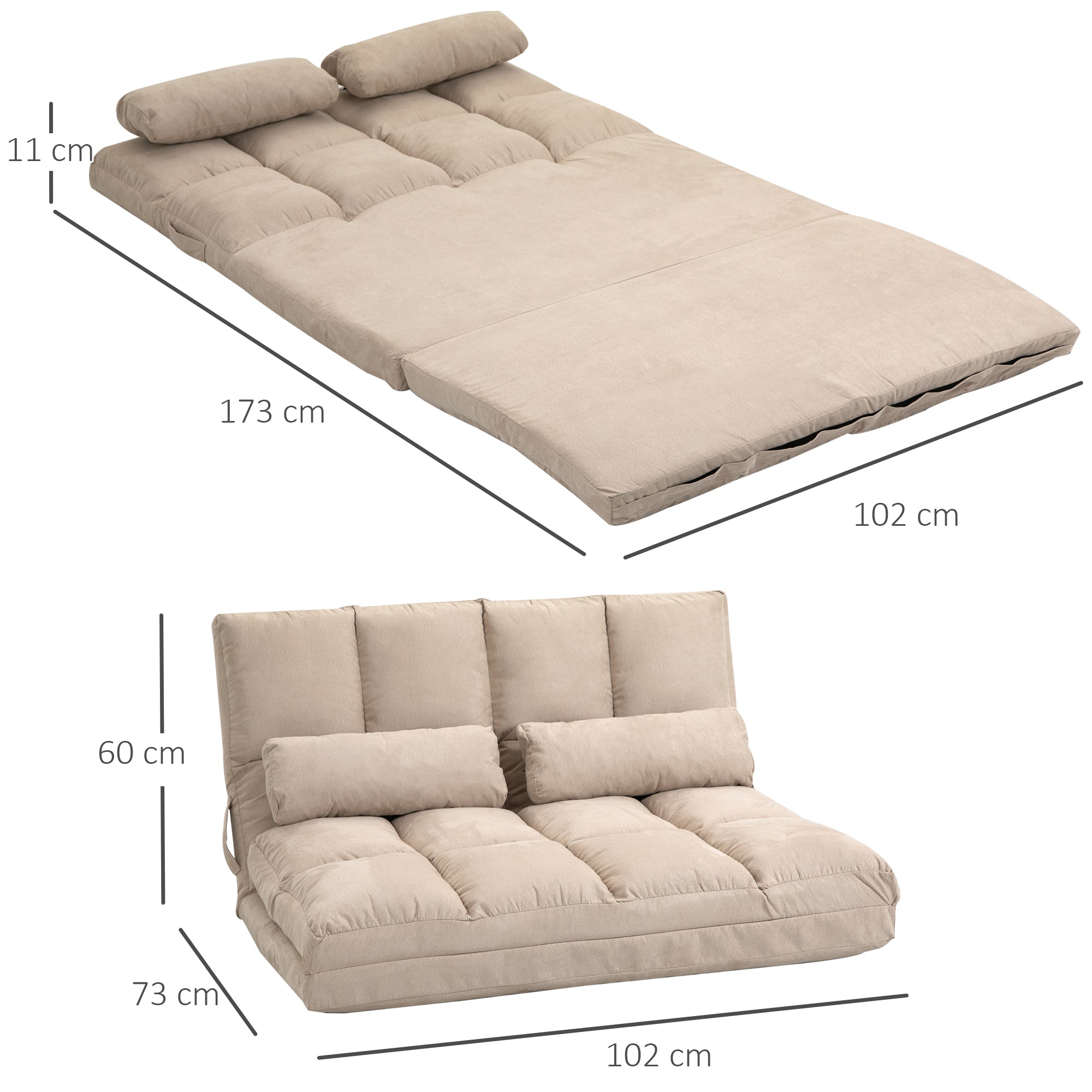 Chauffeuse matelas d'appoint pliant fauteuil convertible inclinaison dossier réglable 2 coussins inclus en polyester aspect suédé, pour salon, chambre et bureau, beige