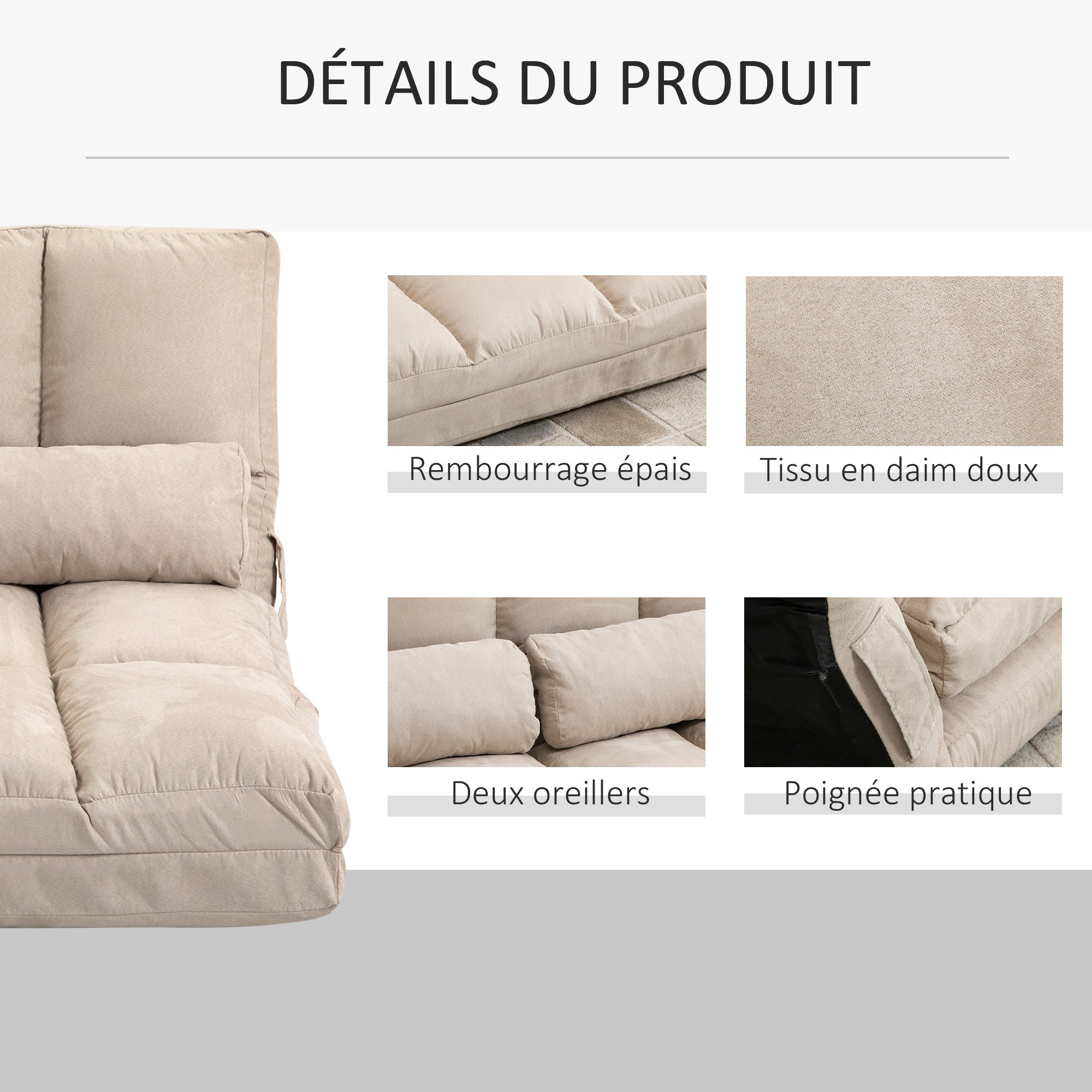 Chauffeuse matelas d'appoint pliant fauteuil convertible inclinaison dossier réglable 2 coussins inclus en polyester aspect suédé, pour salon, chambre et bureau, beige