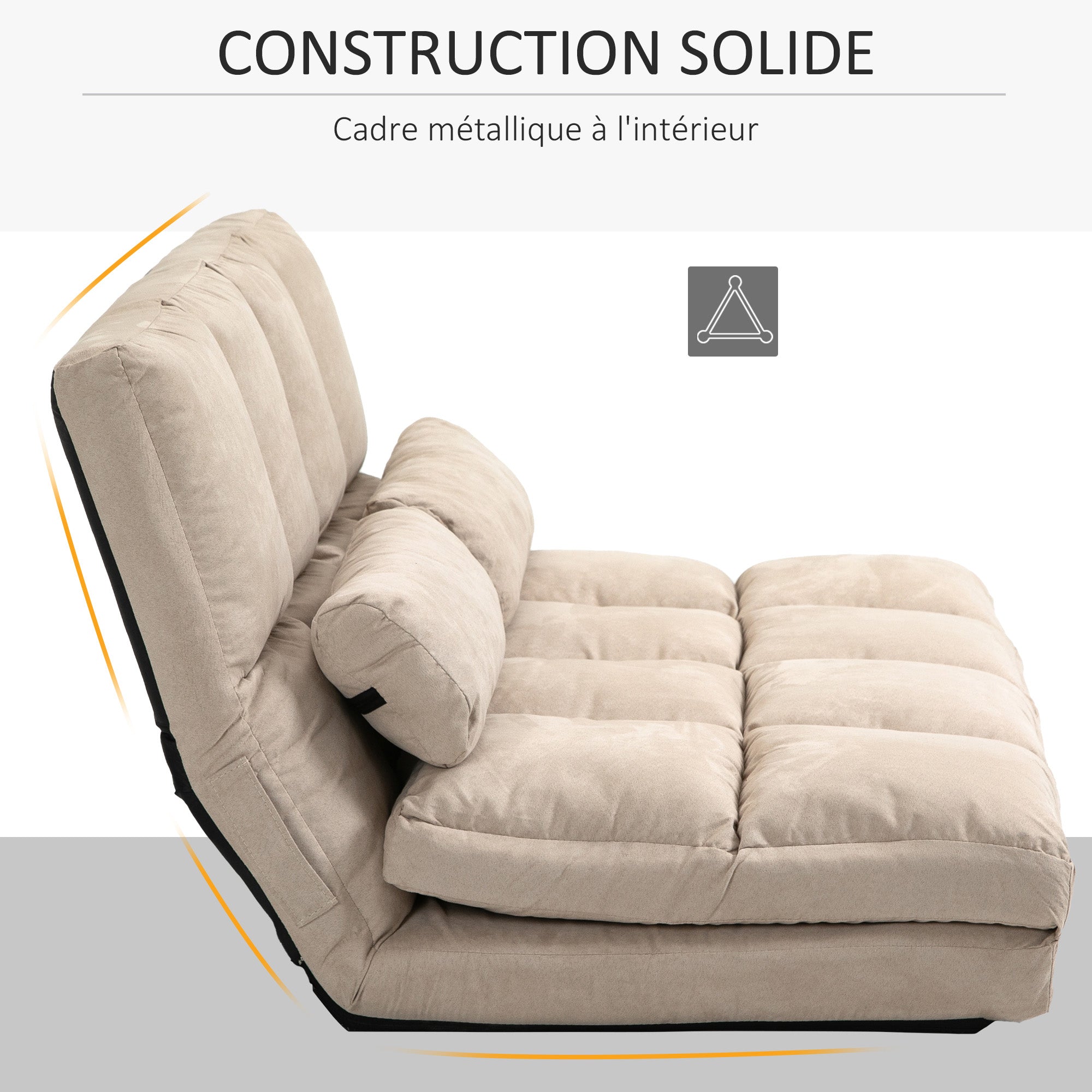 Chauffeuse matelas d'appoint pliant fauteuil convertible inclinaison dossier réglable 2 coussins inclus en polyester aspect suédé, pour salon, chambre et bureau, beige