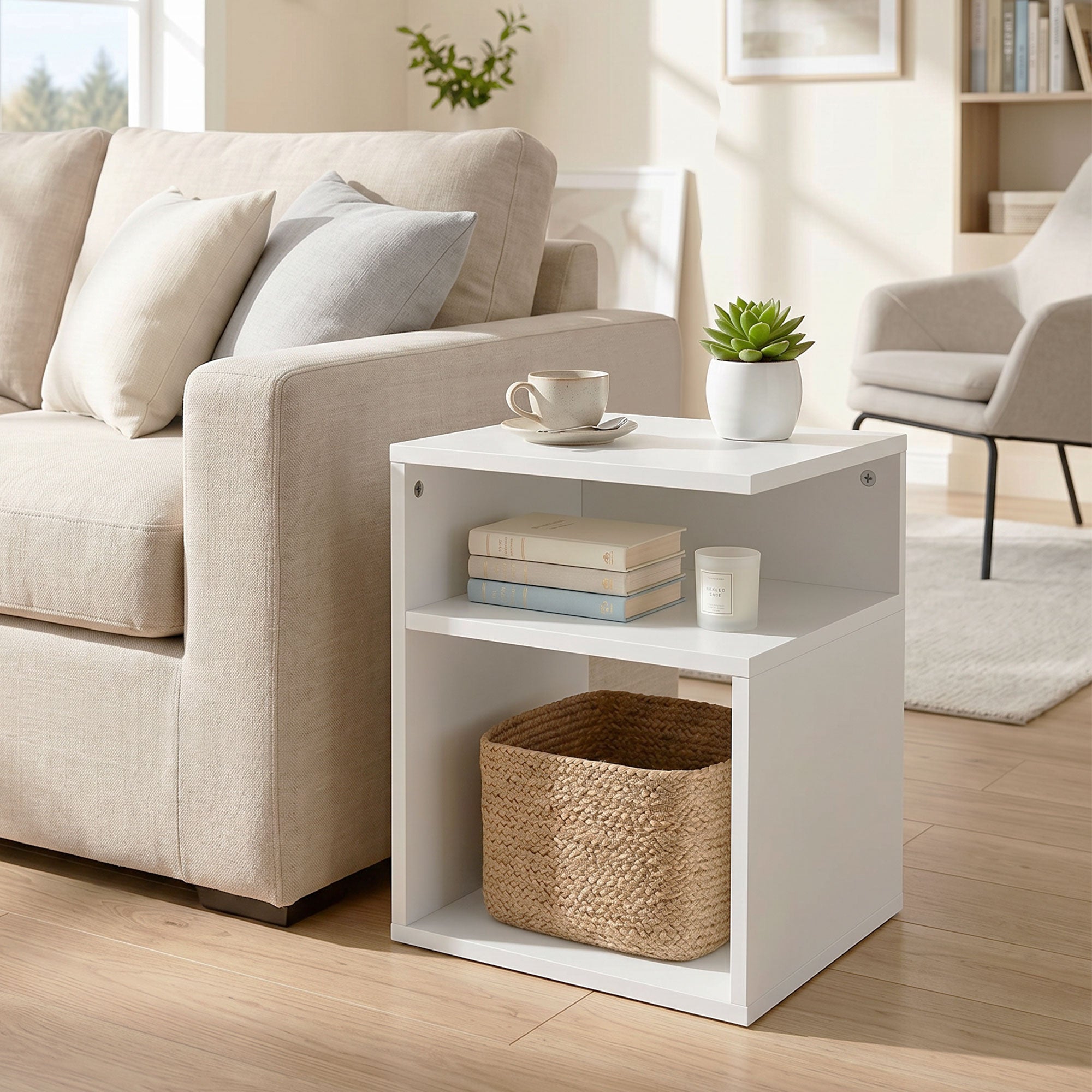 Table d'Appoint, Table Basse Moderne 3 Niveaux avec Étagères Ouvertes, pour Salon, Chambre ou Bureau, 35 x 35 x 41,5 cm, Blanc
