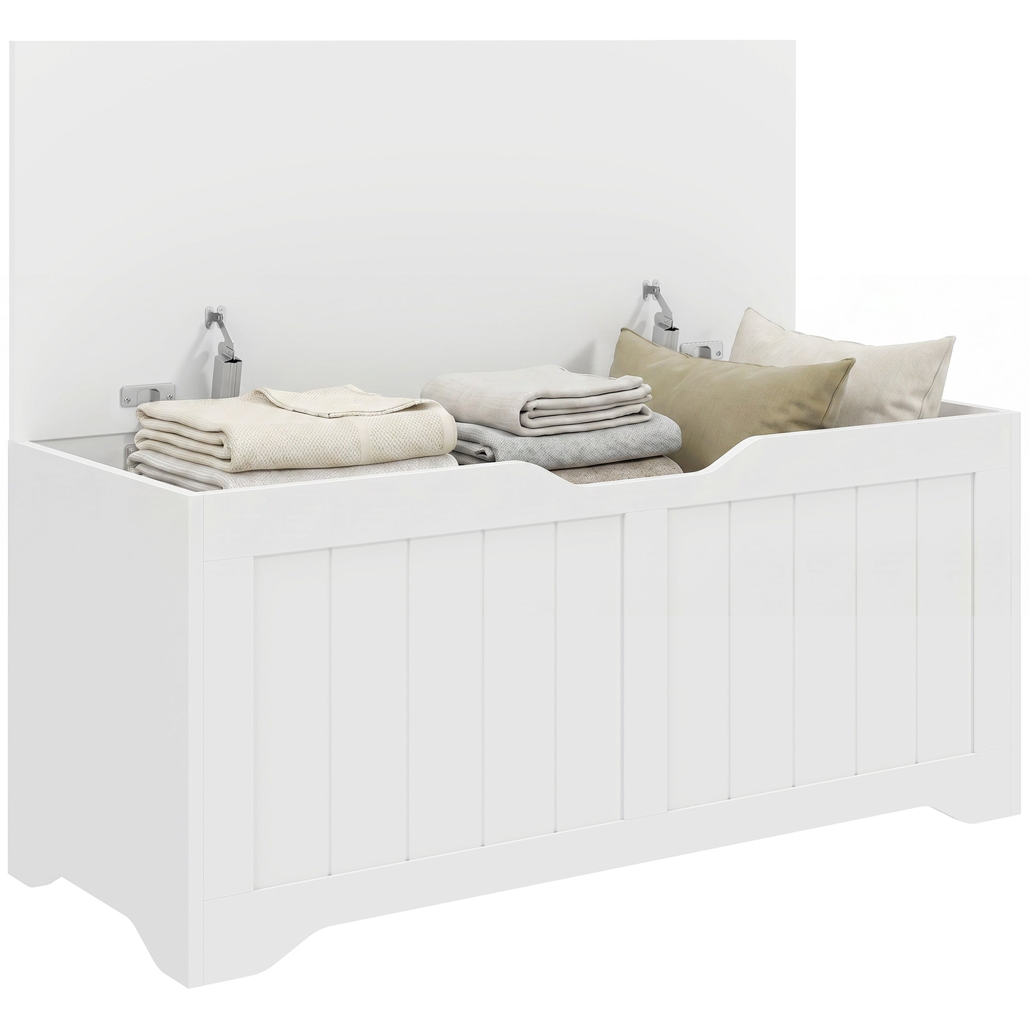 Coffre de Rangement 136 L, Banc Coffre avec 2 Charnières de Sécurité et Design Sans Poignée, Style Moderne, Banc d'Entrée ou Salon, 100 x 40 x 45 cm, Blanc