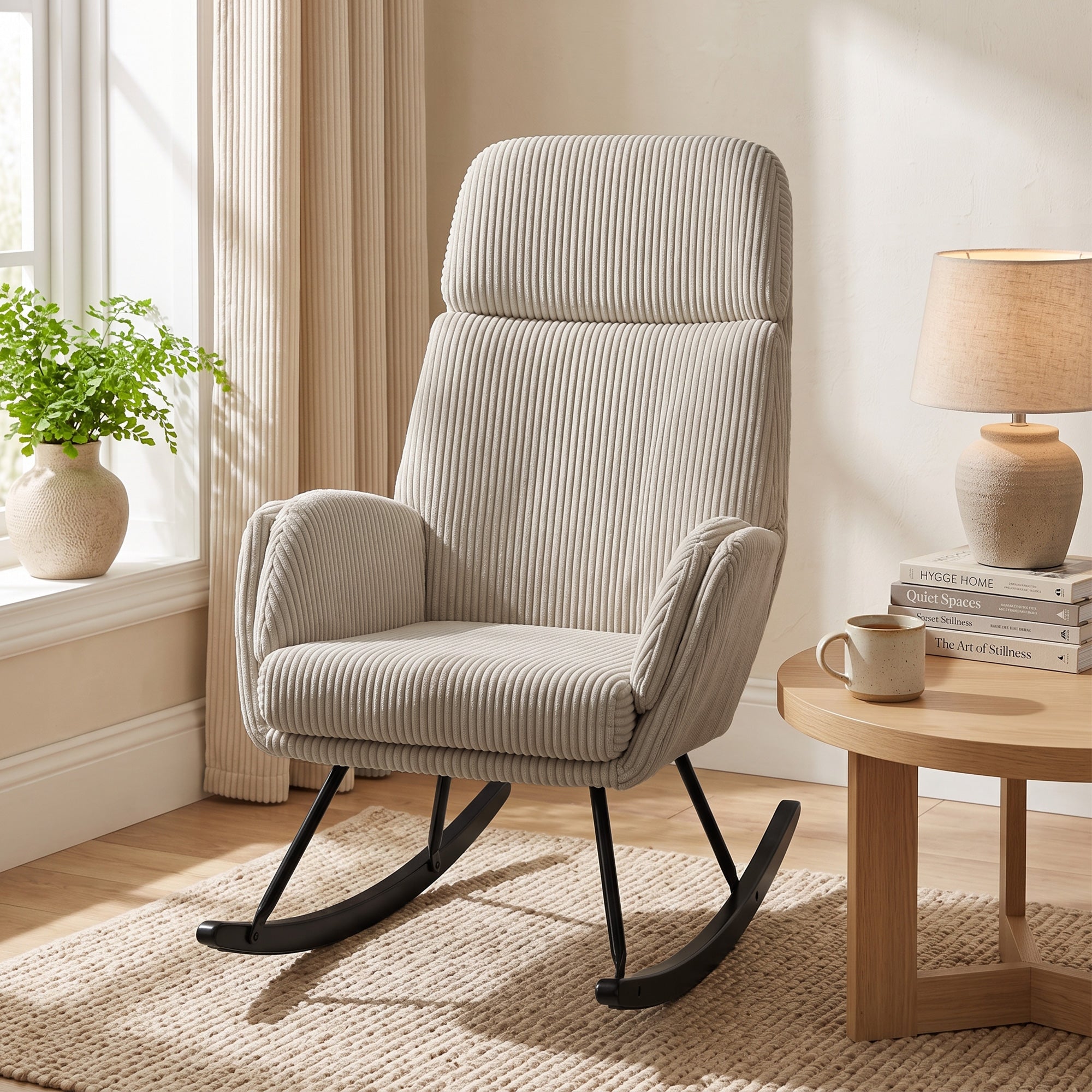 Fauteuil à Bascule, Rocking Chair en Velours Côtelé avec Dossier Haut et Accoudoirs, Assise Rembourrée, Pieds en Bois d'hévéa, Chaise à Bascule Moderne pour Salon, Chambre, Beige