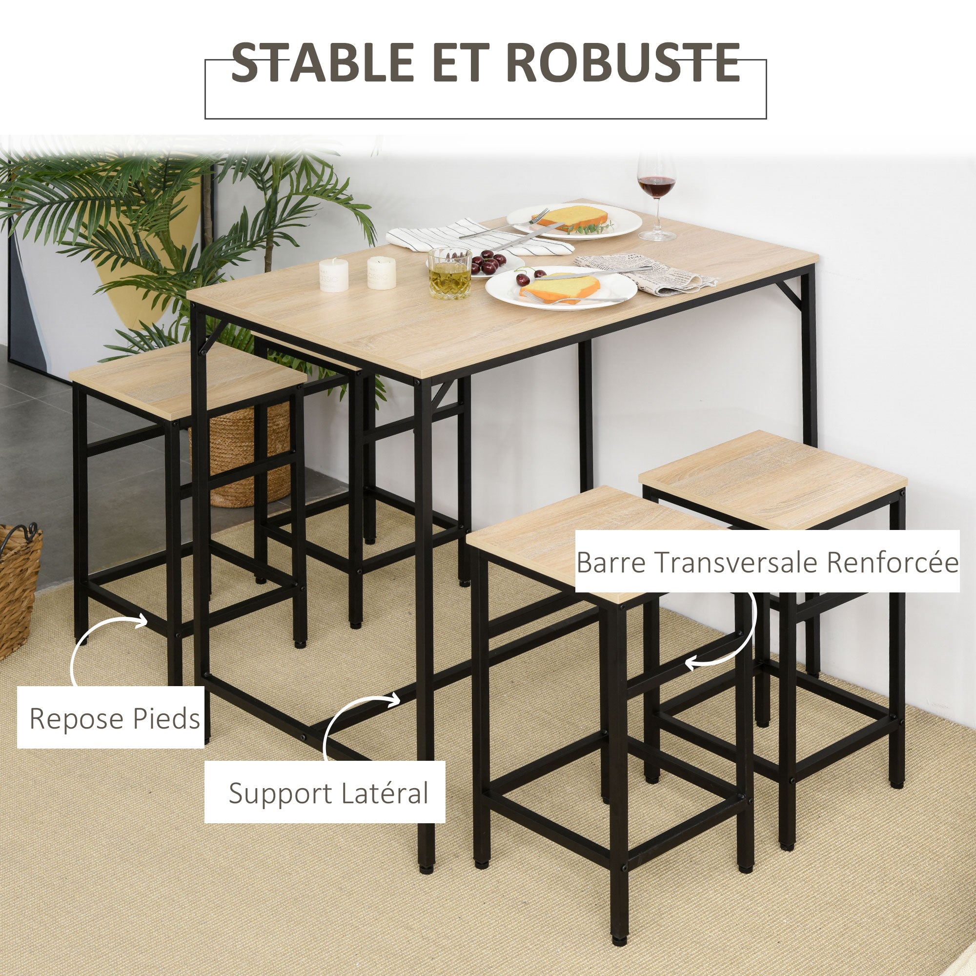 Ensemble Table de Bar Industriel + 4 tabourets Repose-Pieds en Bois couleur Chêne Clair Cadre en métal Noir