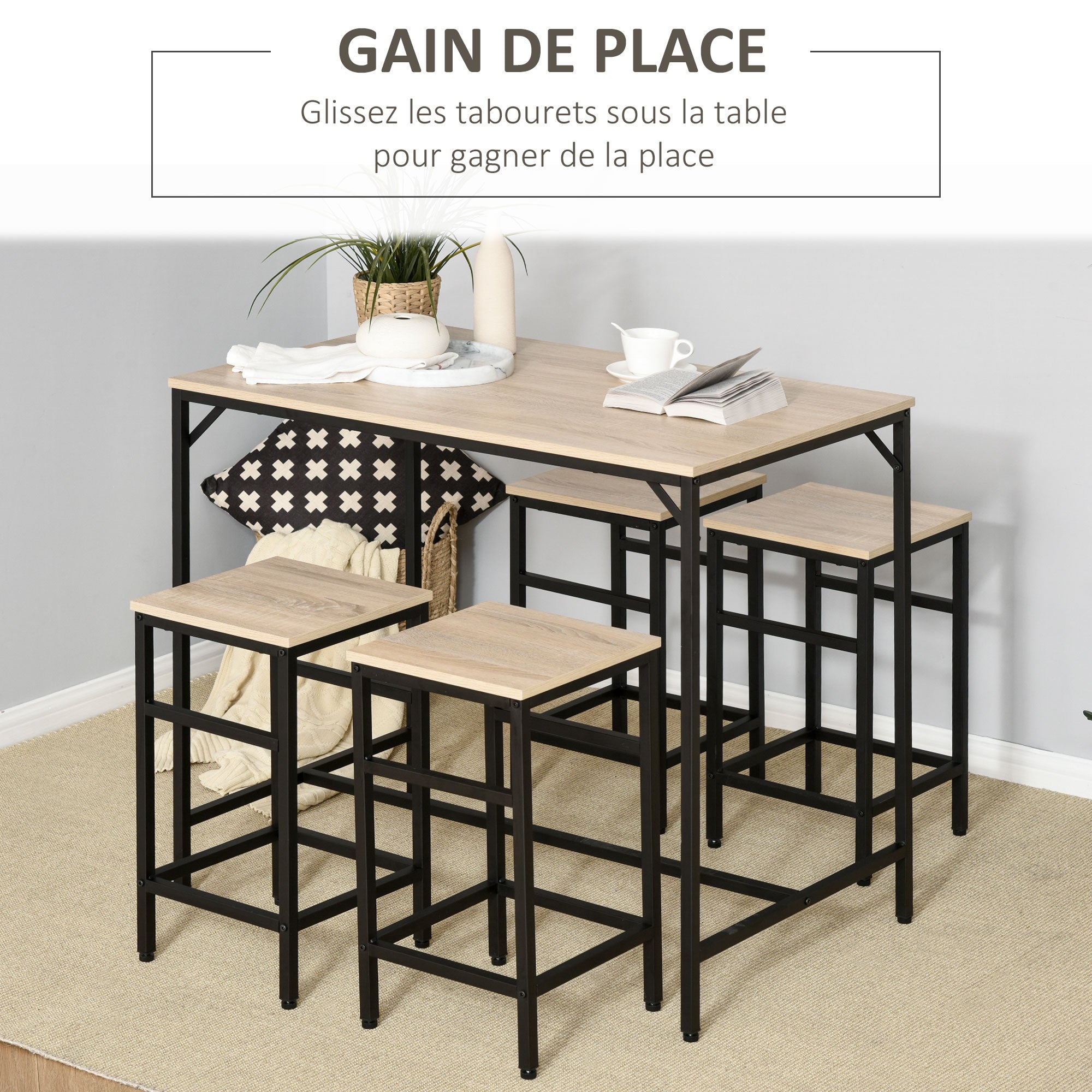 Ensemble Table de Bar Industriel + 4 tabourets Repose-Pieds en Bois couleur Chêne Clair Cadre en métal Noir