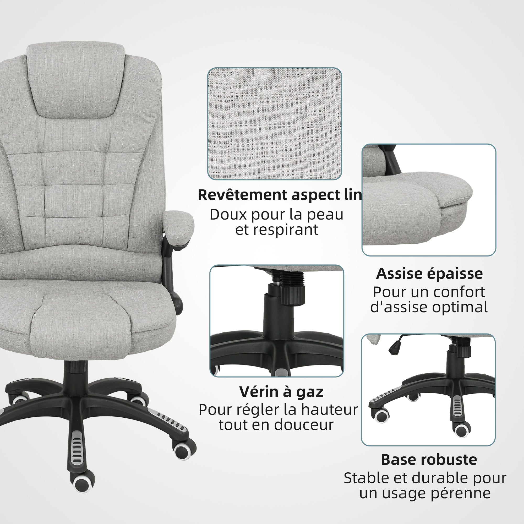 Fauteuil de bureau massant et chauffant, chaise de bureau, chaise ergonomique avec hauteur réglable, dossier inclinable et télécommande filaire, pivotant à 360° tissu en polyester gris clair