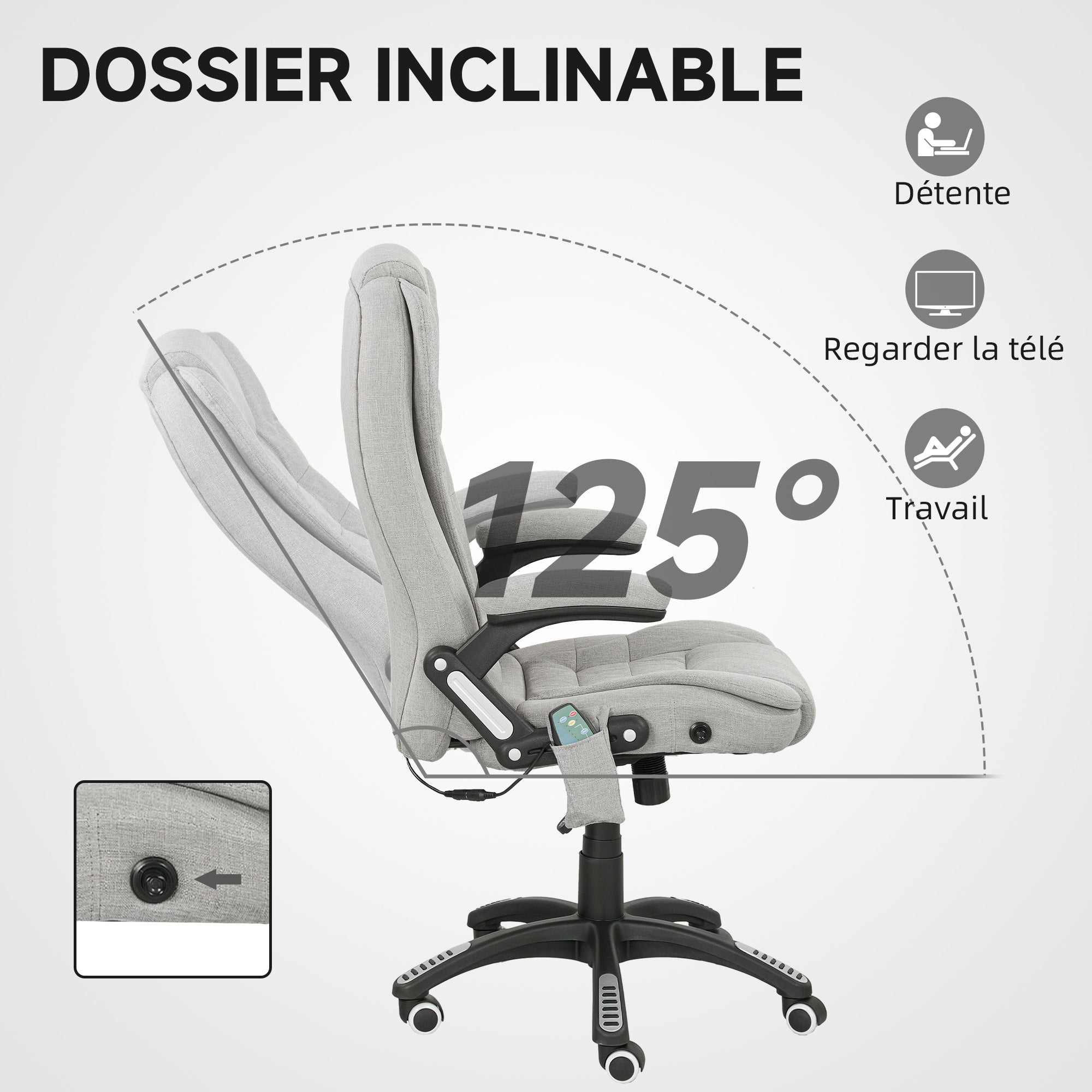 Fauteuil de bureau massant et chauffant, chaise de bureau, chaise ergonomique avec hauteur réglable, dossier inclinable et télécommande filaire, pivotant à 360° tissu en polyester gris clair