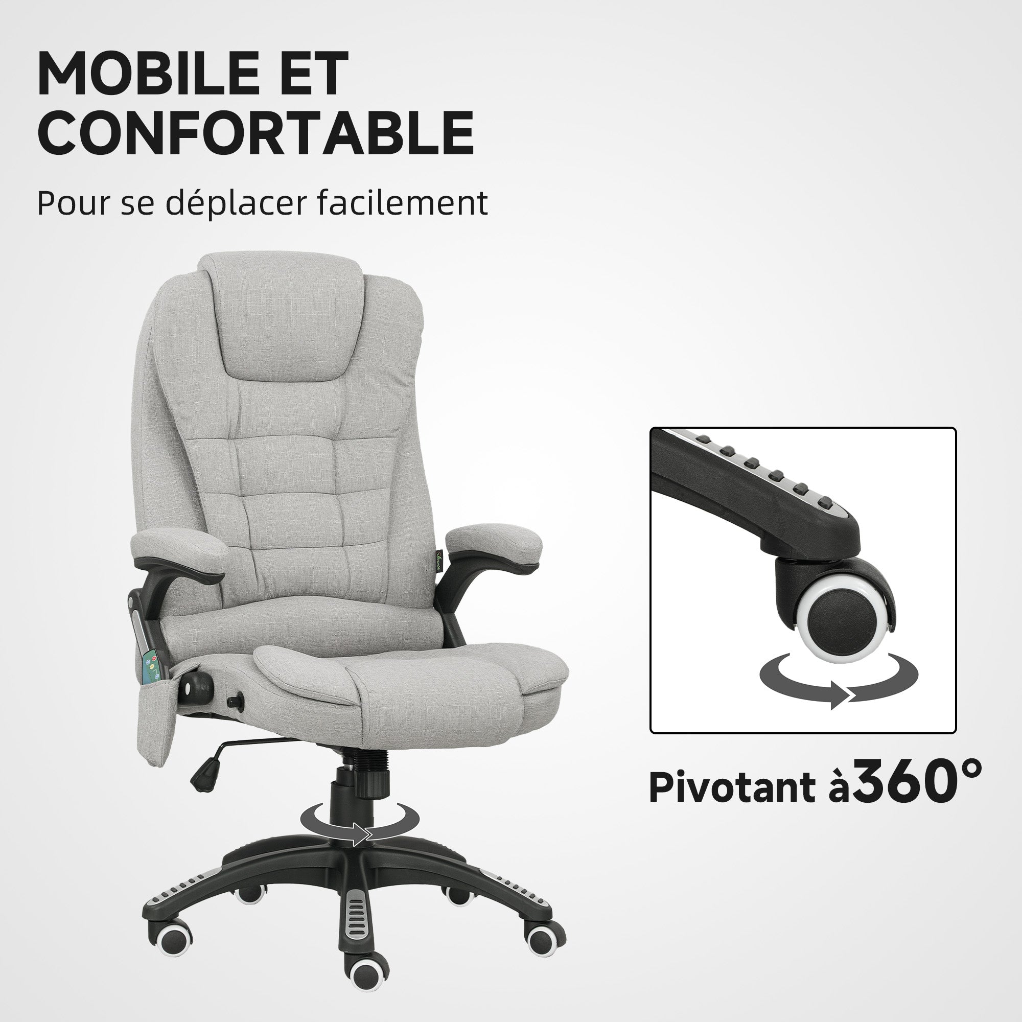 Fauteuil de bureau massant et chauffant, chaise de bureau, chaise ergonomique avec hauteur réglable, dossier inclinable et télécommande filaire, pivotant à 360° tissu en polyester gris clair