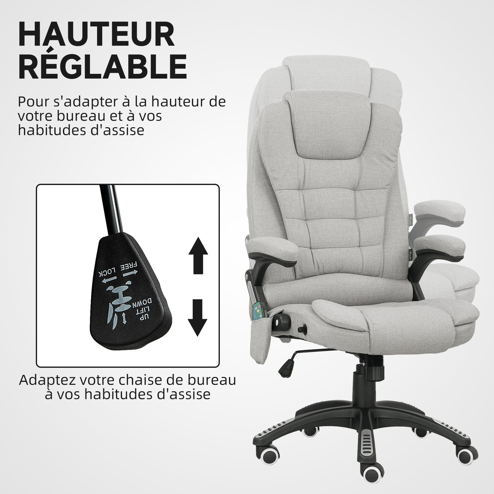 Fauteuil de bureau massant et chauffant, chaise de bureau, chaise ergonomique avec hauteur réglable, dossier inclinable et télécommande filaire, pivotant à 360° tissu en polyester gris clair