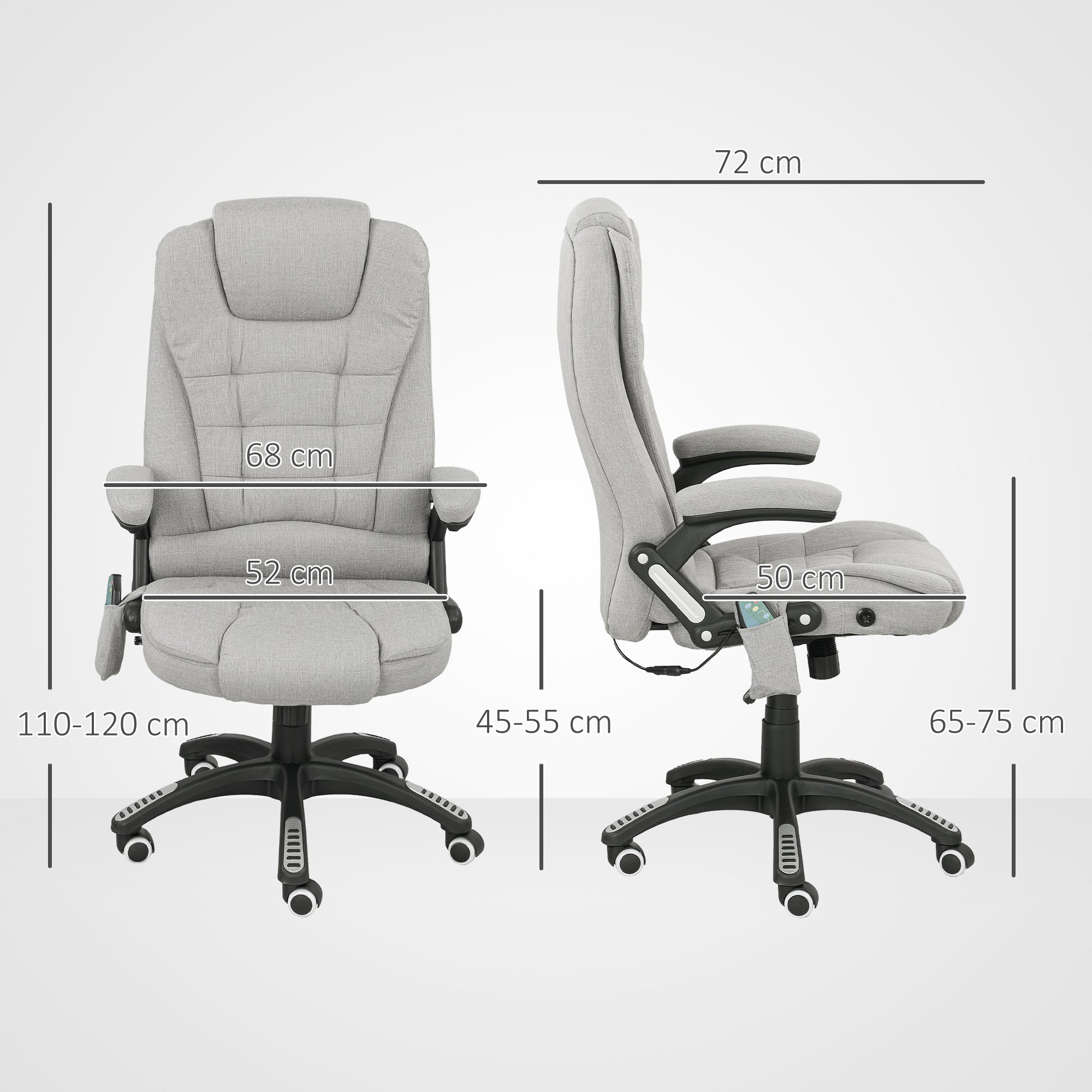 Fauteuil de bureau massant et chauffant, chaise de bureau, chaise ergonomique avec hauteur réglable, dossier inclinable et télécommande filaire, pivotant à 360° tissu en polyester gris clair