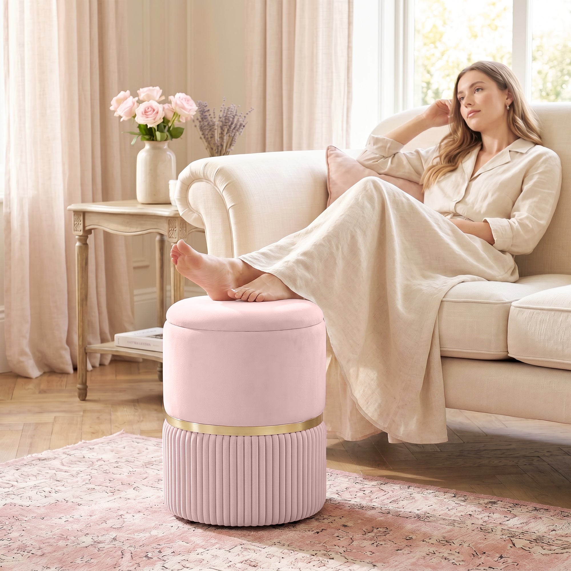 Pouf tabouret repose-pied, coffre de rangement, en velours côtelé, design moderne, 36 x 36 x 44 cm, pour salon, chambre, rose