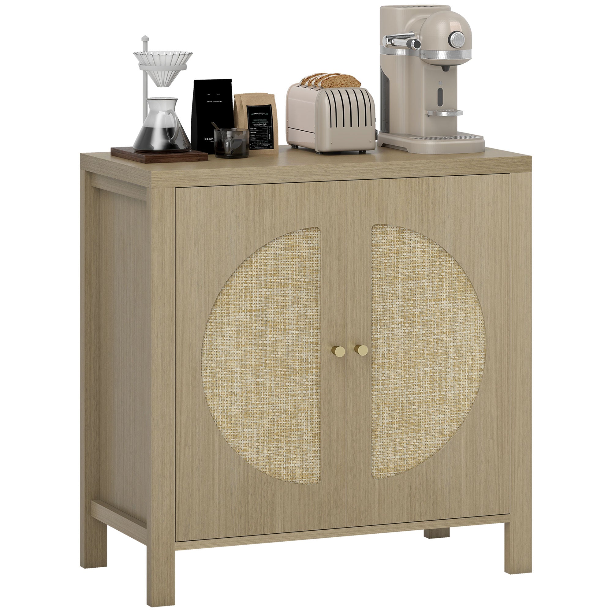 Buffet salon, meuble de rangement avec 2 portes effet rotin et étagère réglable, style bohème, pour salle à manger et cuisine, 75 x 38 x 77 cm, bois naturel