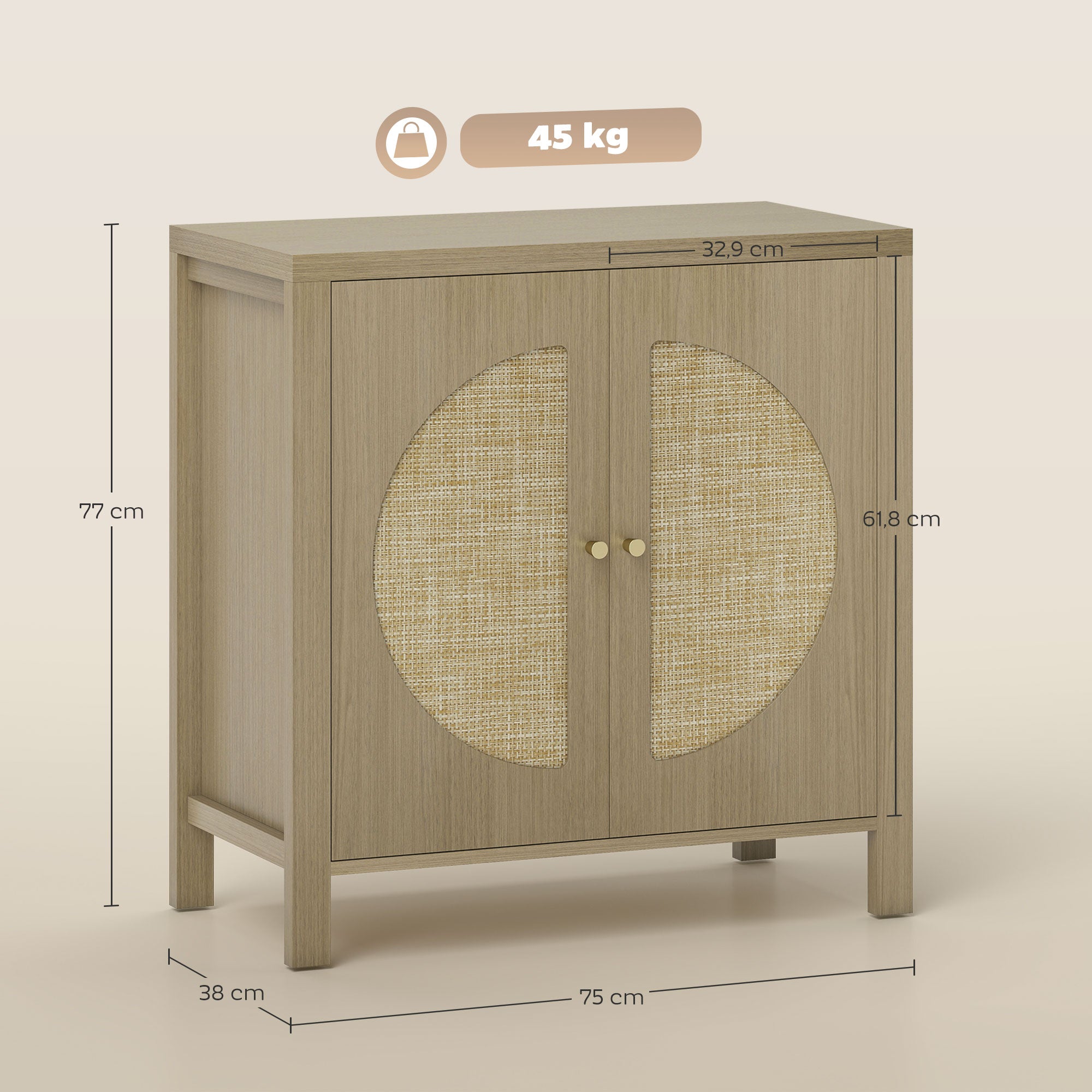 Buffet salon, meuble de rangement avec 2 portes effet rotin et étagère réglable, style bohème, pour salle à manger et cuisine, 75 x 38 x 77 cm, bois naturel